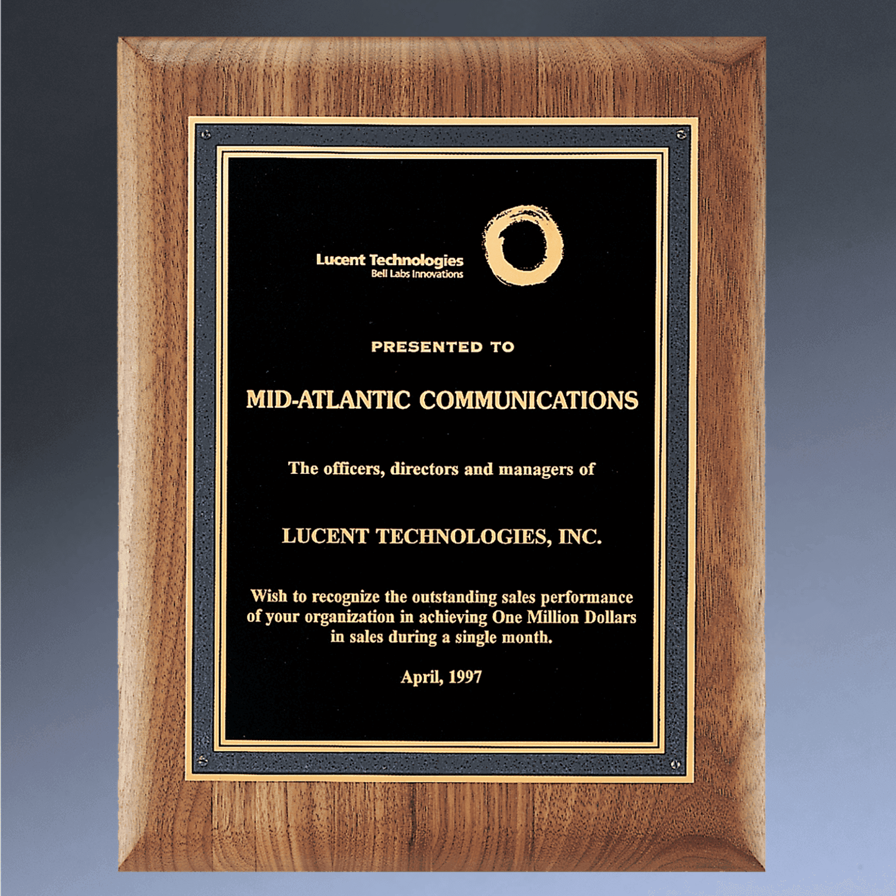 American Walnut Recognition Plaques with Florentine Brass Plates Decorative Border / Rounded Corners / 5" x 7"