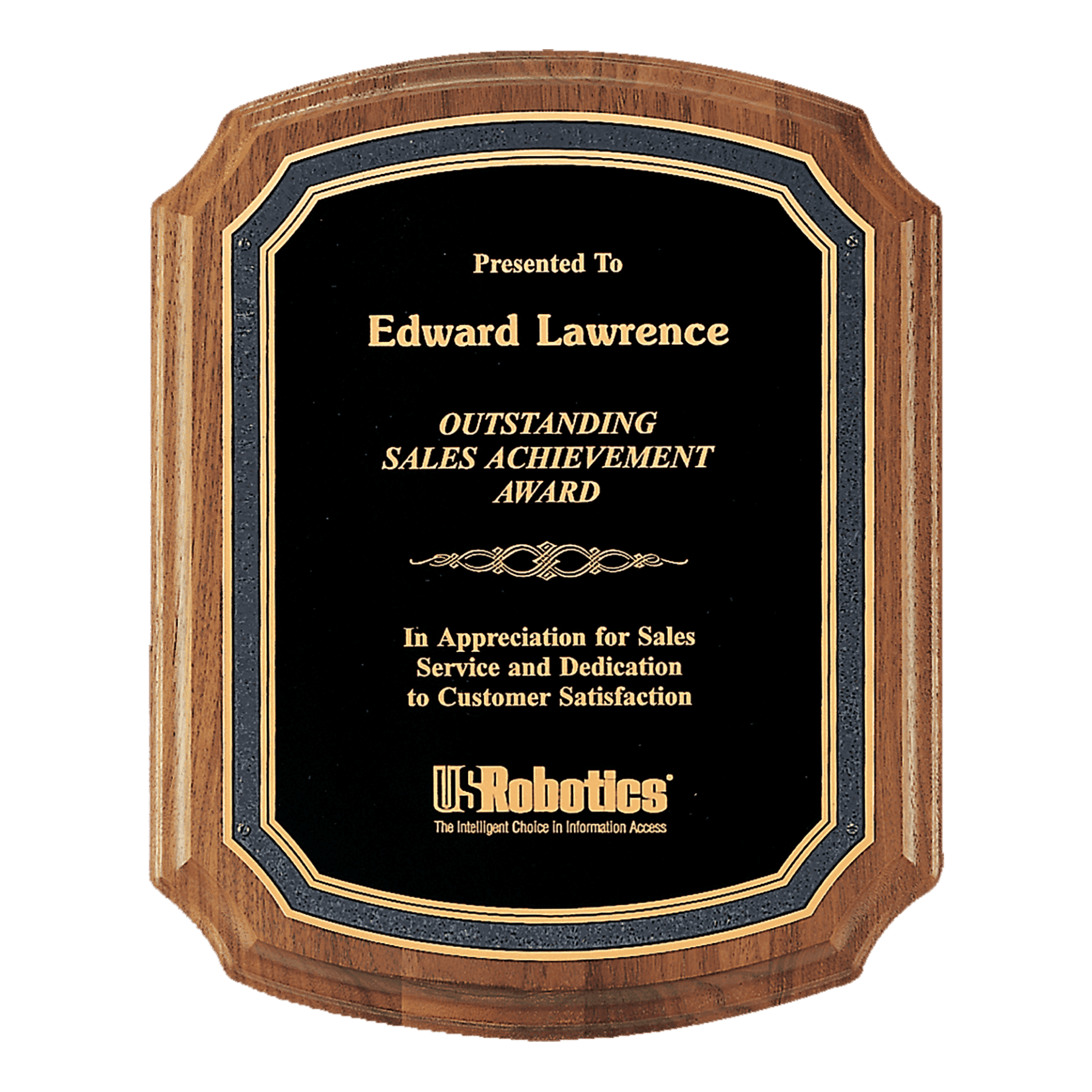 American Walnut Recognition Plaques with Florentine Brass Plates Black and Gold Florentine Border / Clipped Corners / 7" x 8"