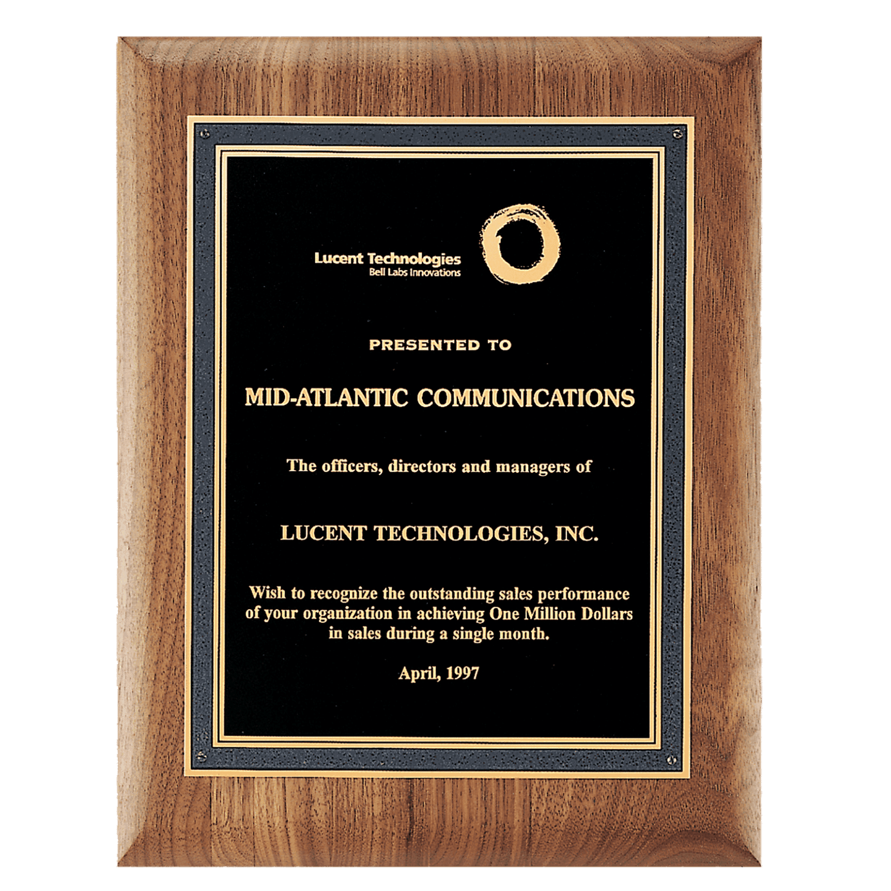 American Walnut Recognition Plaques with Florentine Brass Plates Black and Gold Florentine Border / Squared Corners / 7" x 9"