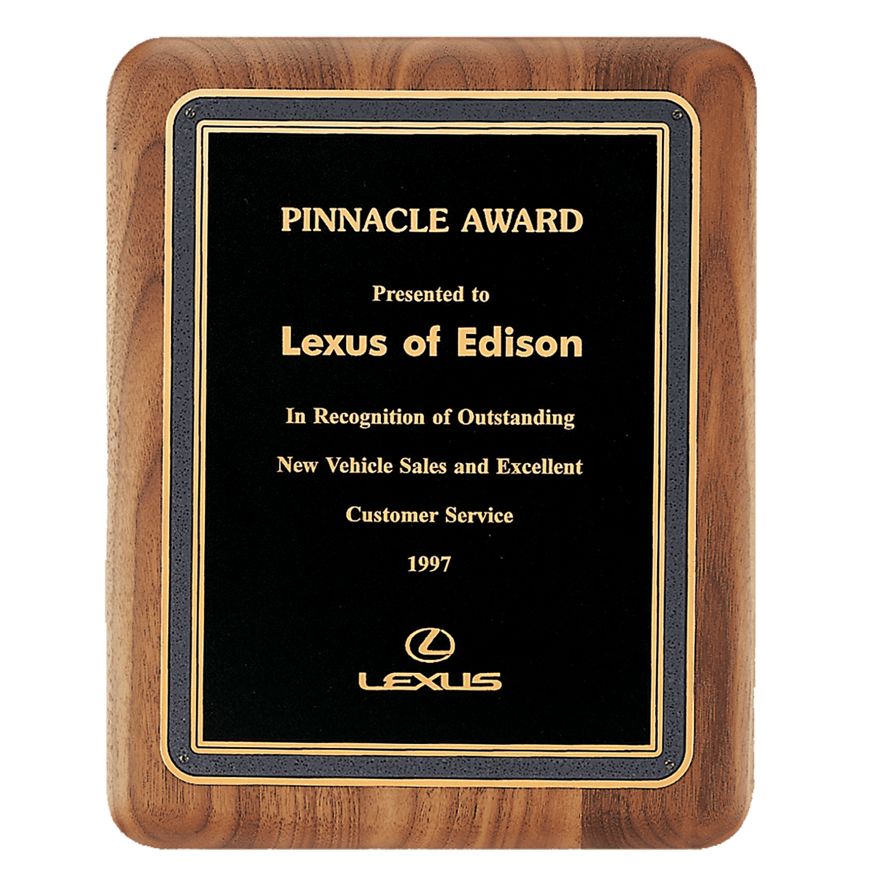 American Walnut Recognition Plaques with Florentine Brass Plates Black and Gold Florentine Border / Rounded Corners / 7" x 9"