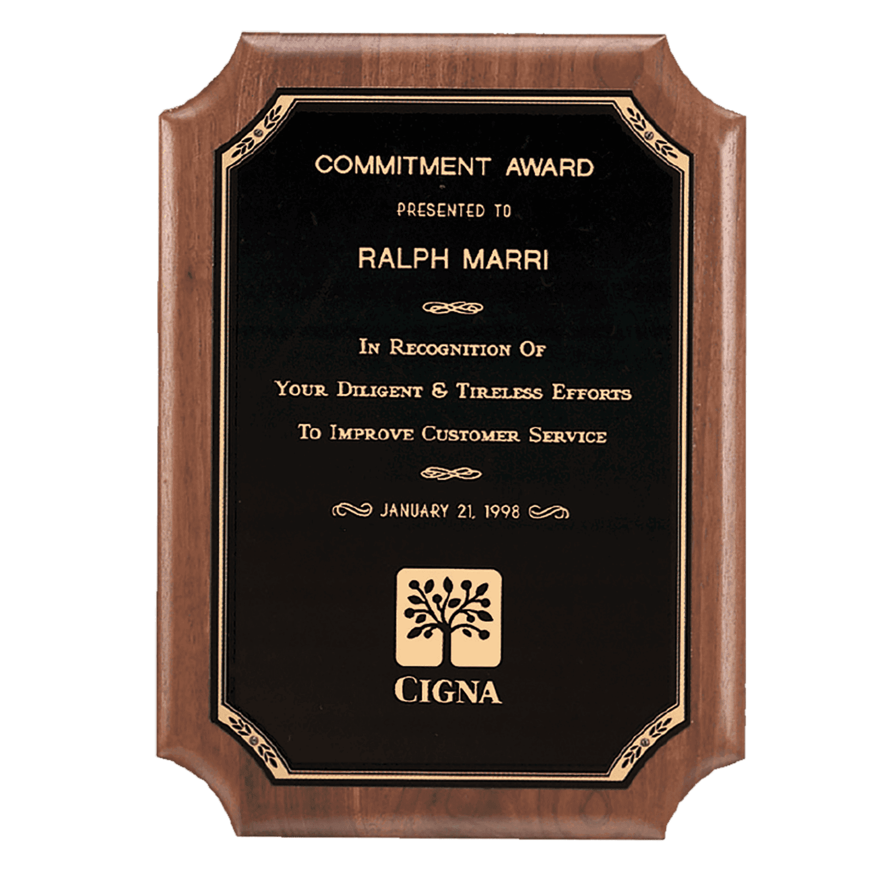 American Walnut Recognition Plaques with Florentine Brass Plates Decorative Border / Clipped Corners / 7" x 8"