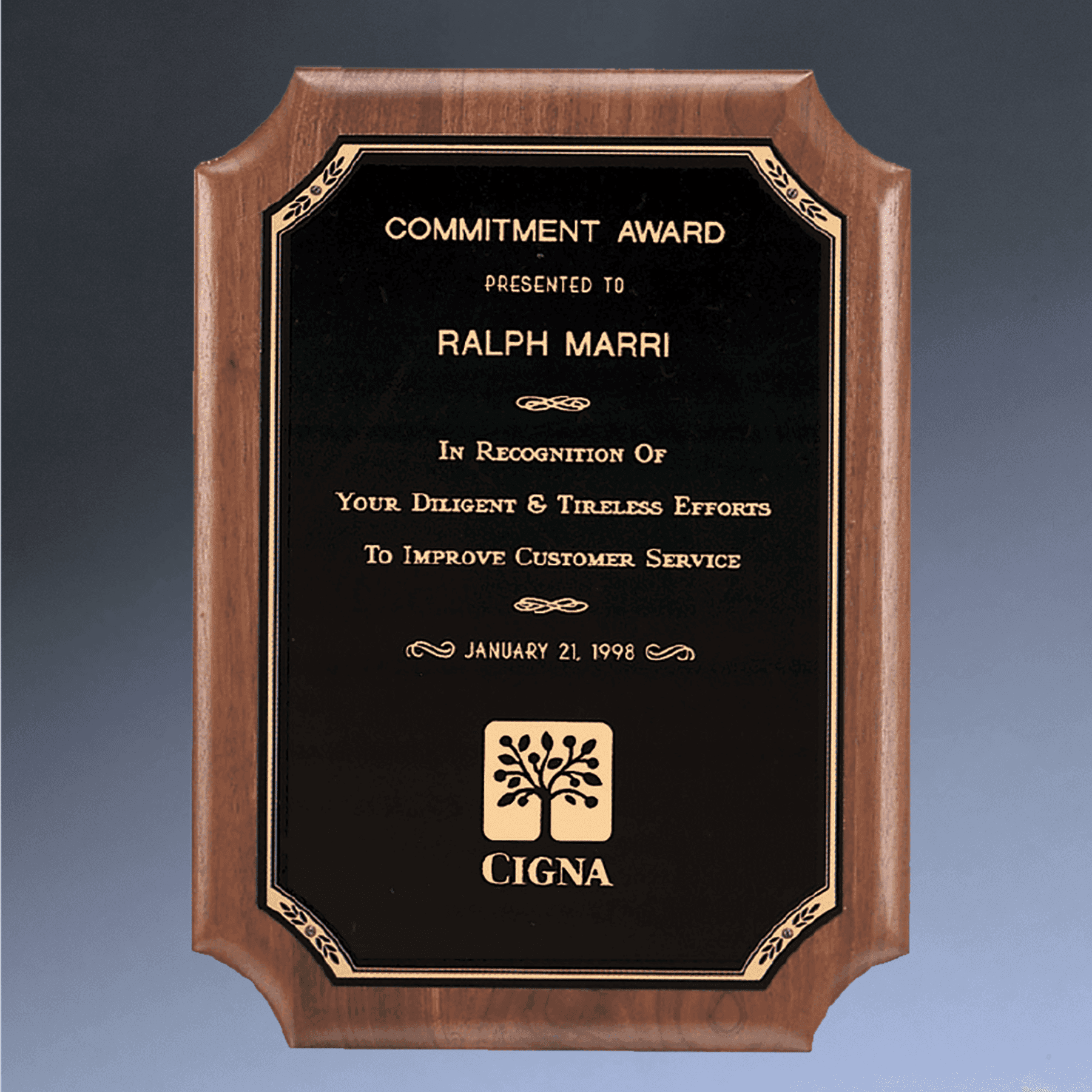 American Walnut Recognition Plaques with Florentine Brass Plates Decorative Border / Rounded Corners / 5" x 7"