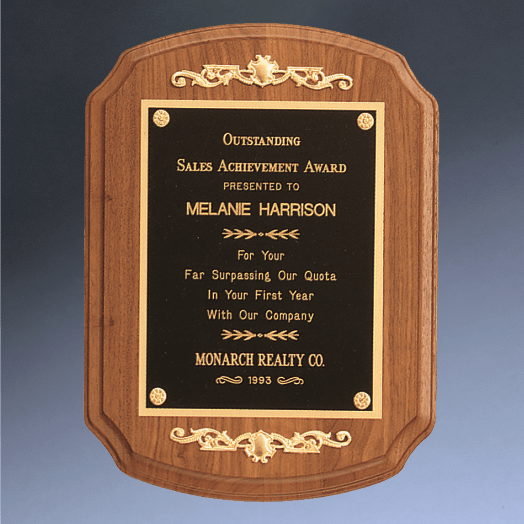 American Walnut Recognition Plaque with Framed Gold Scrolls 9" (L) x 12" (H)
