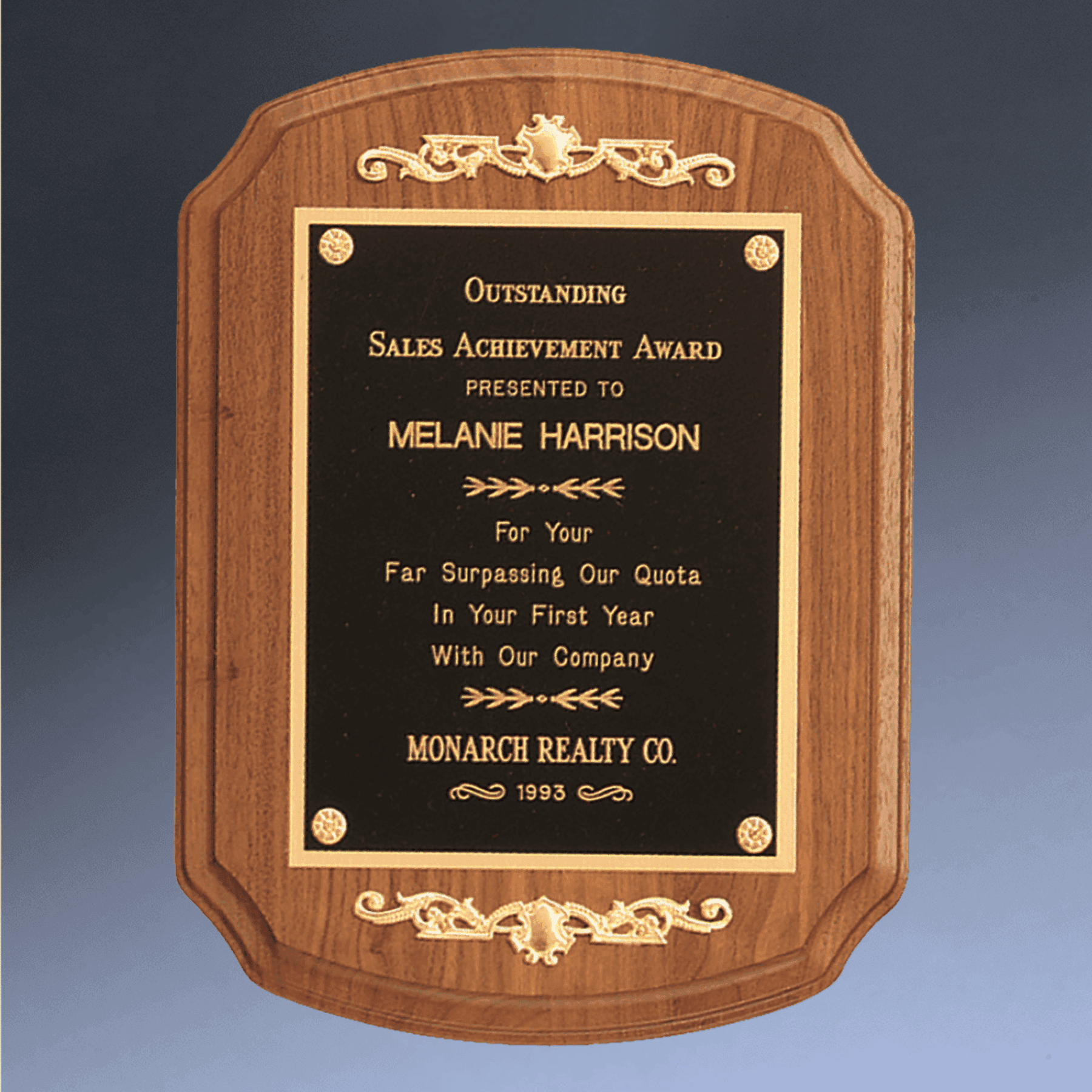 American Walnut Recognition Plaque with Framed Gold Scrolls 9" (L) x 12" (H)