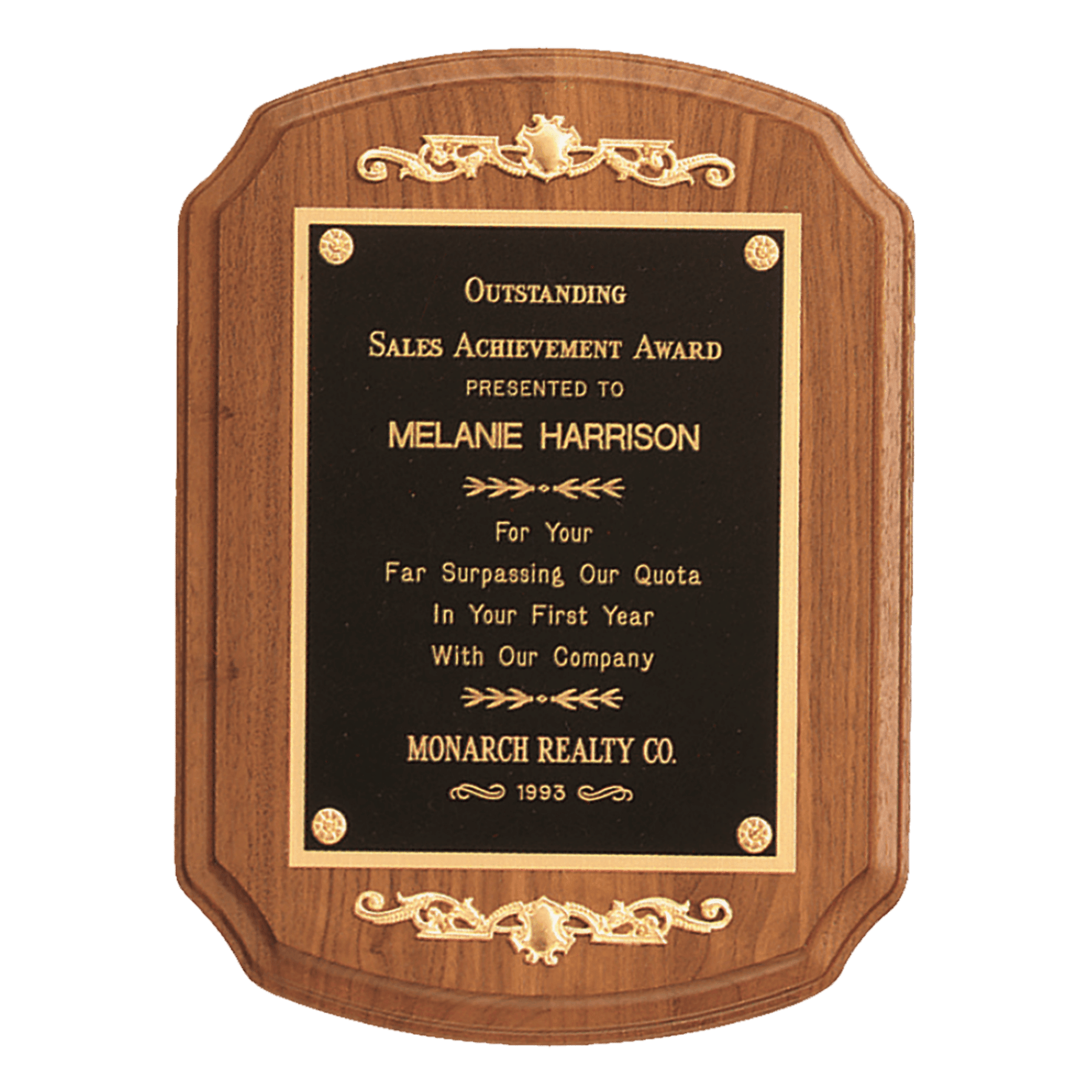 American Walnut Recognition Plaque with Framed Gold Scrolls 9" (L) x 12" (H)