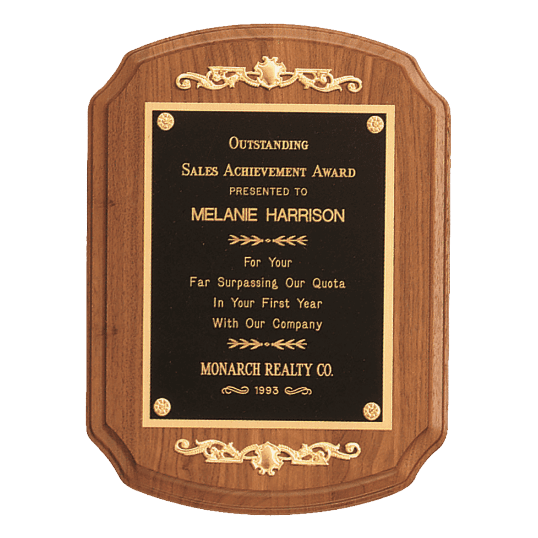 American Walnut Recognition Plaque with Framed Gold Scrolls 9" (L) x 12" (H)