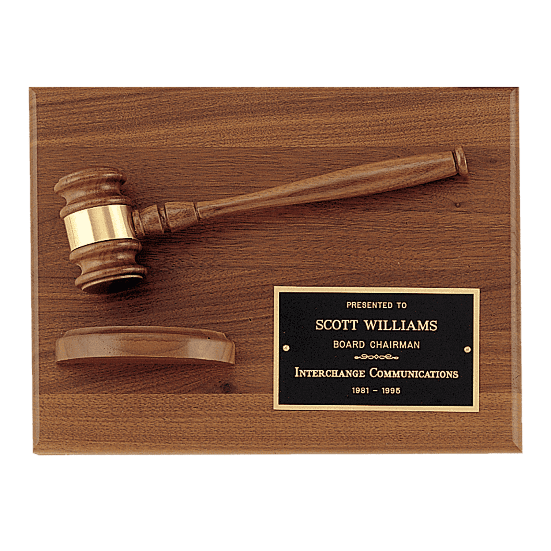 Custom Engraved American Walnut Gavel Plaques – Made in the USA Horizontal - Squared Corners / Banded Walnut Gavel with Sounding Block and Engraving Plate / 9" x 12"