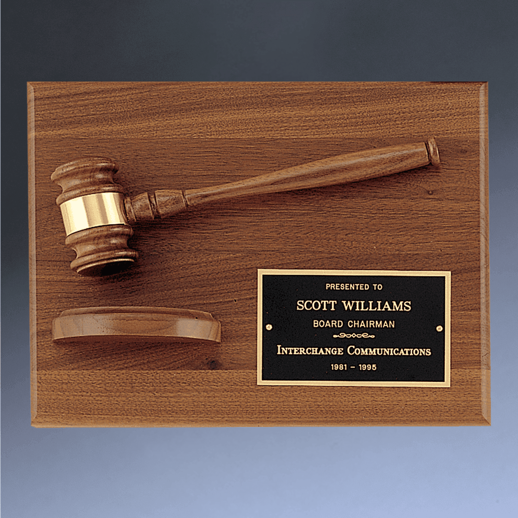 Custom Engraved American Walnut Gavel Plaques – Made in the USA Horizontal - Rounded Corners / Gold Gavel with Engraving Plate / 9" x 12"