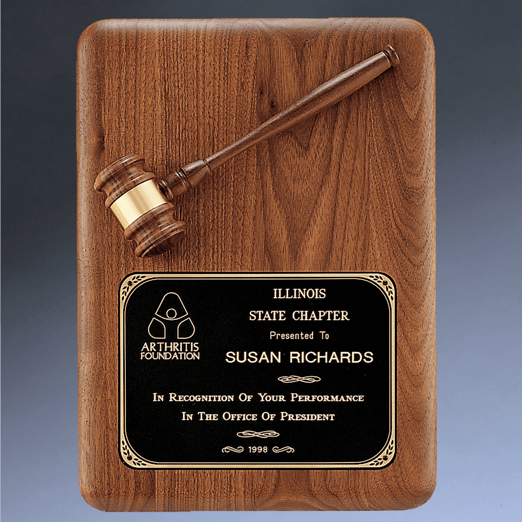 Custom Engraved American Walnut Gavel Plaques – Made in the USA Horizontal - Rounded Corners / Gold Gavel with Engraving Plate / 9" x 12"