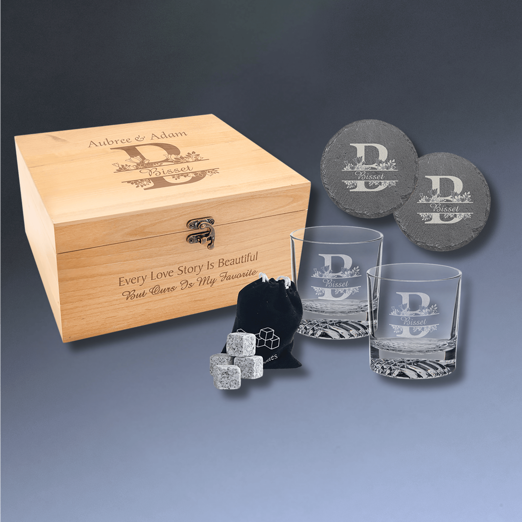 Personalized Whiskey Glass Gift Set in Engraved Red Alder Box
