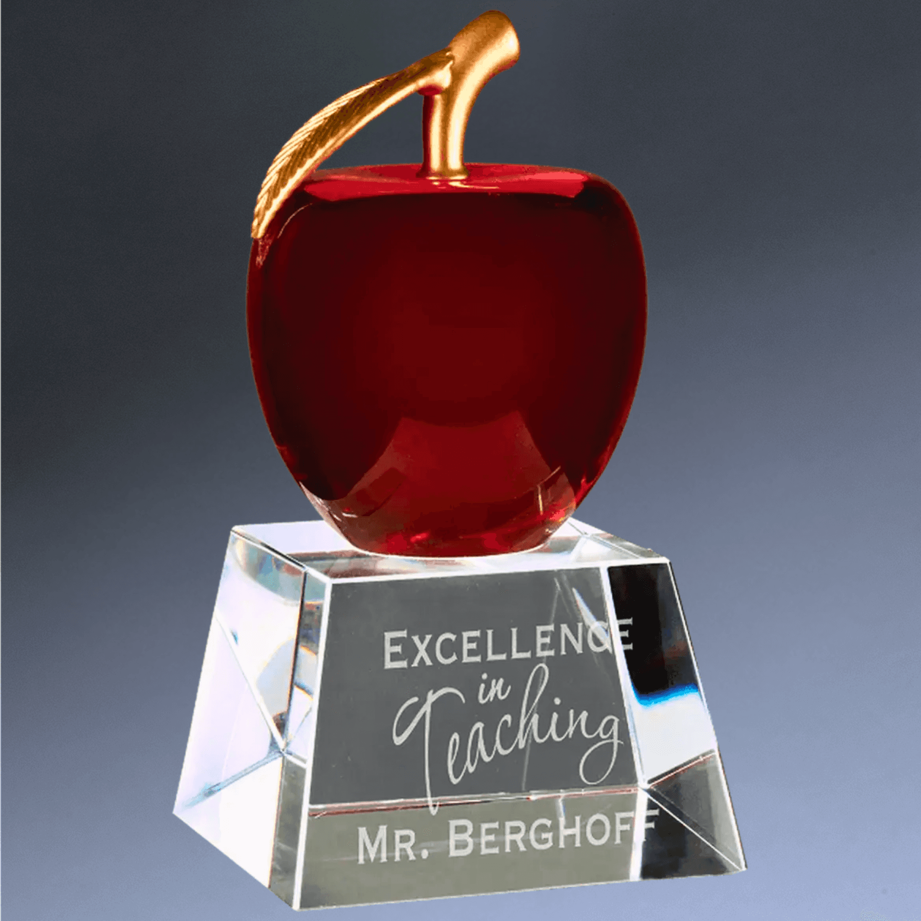 Laser Etched Crystal Apple Awards and Gifts - Custom Engraved Recognition Red Crystal Apple on Clear Base / Red (Gold Stem) / 6" x 3 1/2"