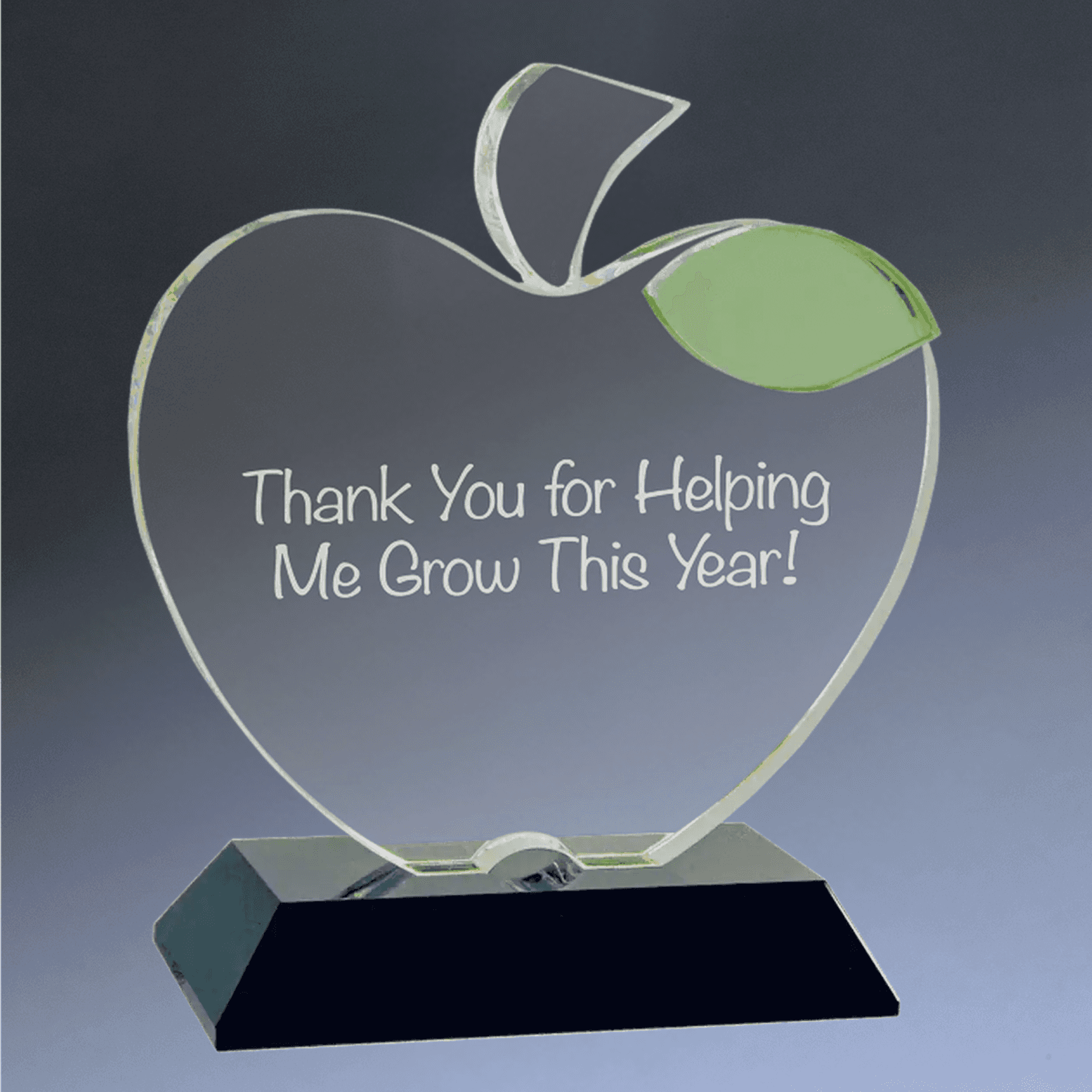 Laser Etched Crystal Apple Awards and Gifts - Custom Engraved Recognition Crystal Apple on Black Base / Clear (Green Leaf) / 5 1/2" x 6 1/4"