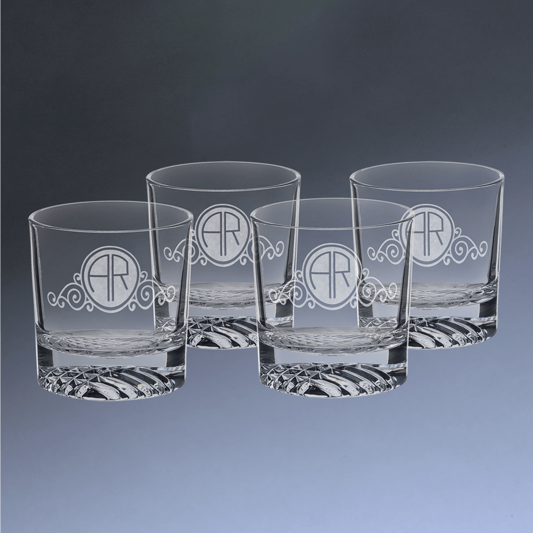 Custom Engraved Whiskey Glasses - Set of 4 Gift Set Rounded Diamond Cut Bottom / 9 oz.
