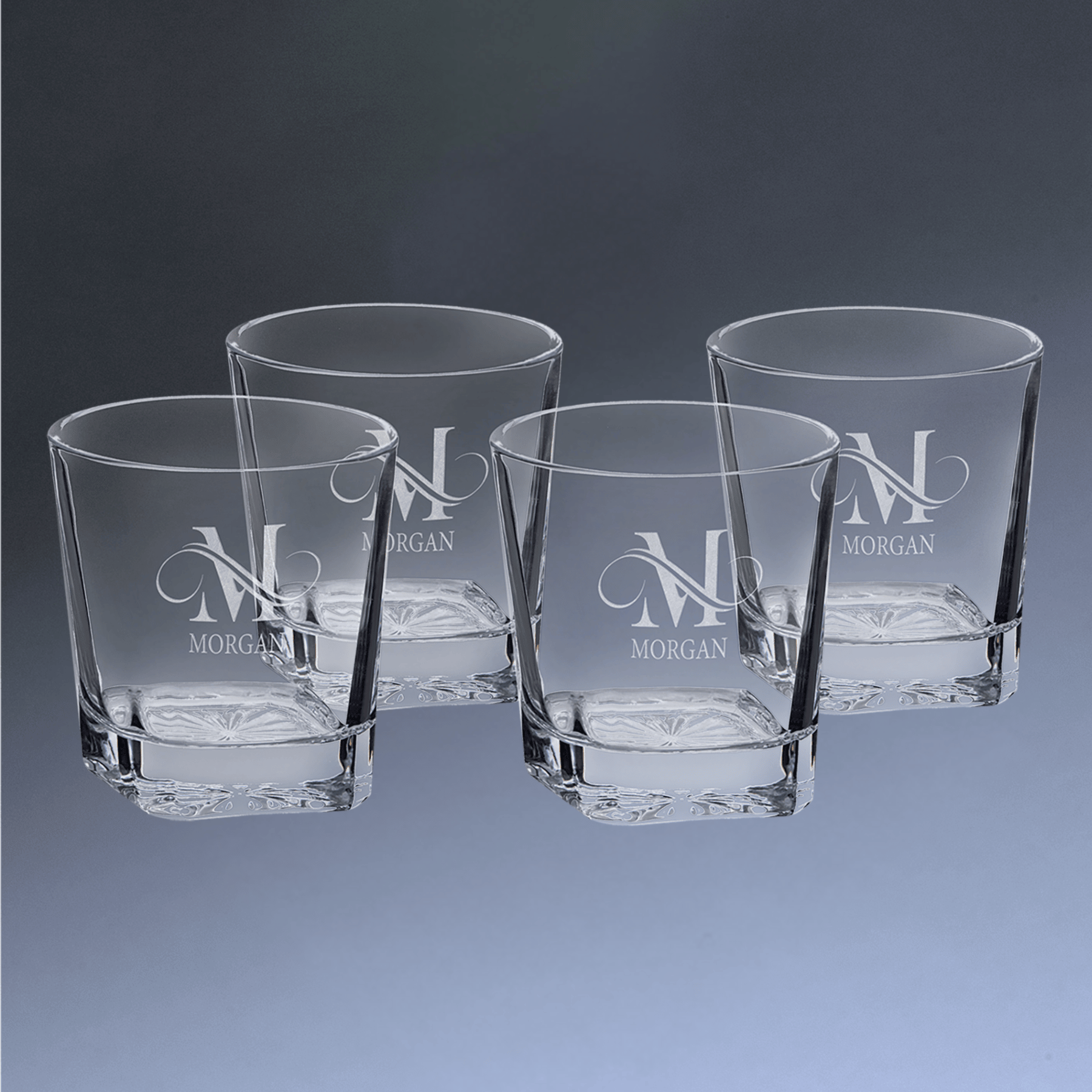 Custom Engraved Whiskey Glasses - Set of 4 Gift Set Square Diamond Cut Bottom / 11 oz.