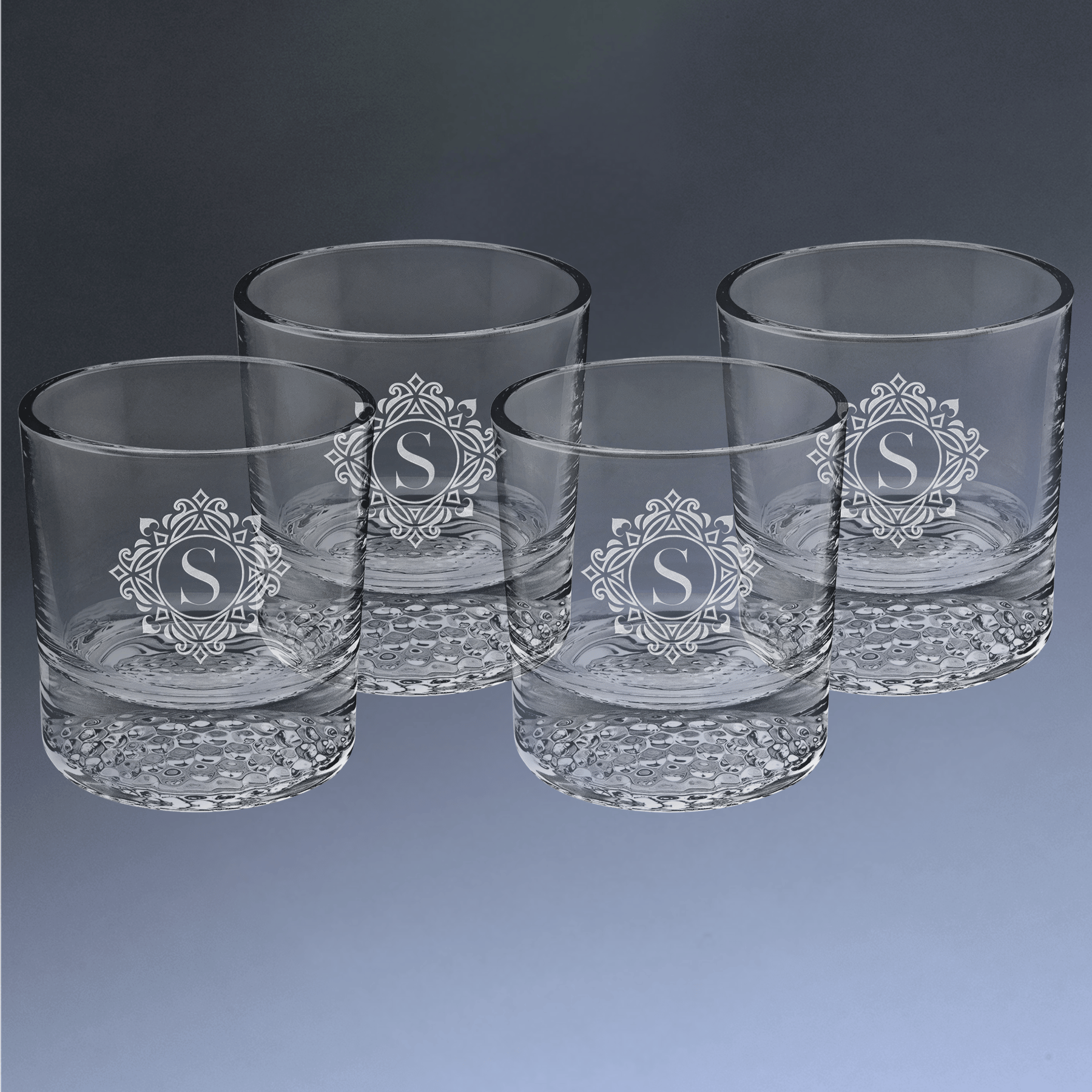 Custom Engraved Whiskey Glasses - Set of 4 Gift Set Dimpled Golf Ball Style Bottom / 9 oz.
