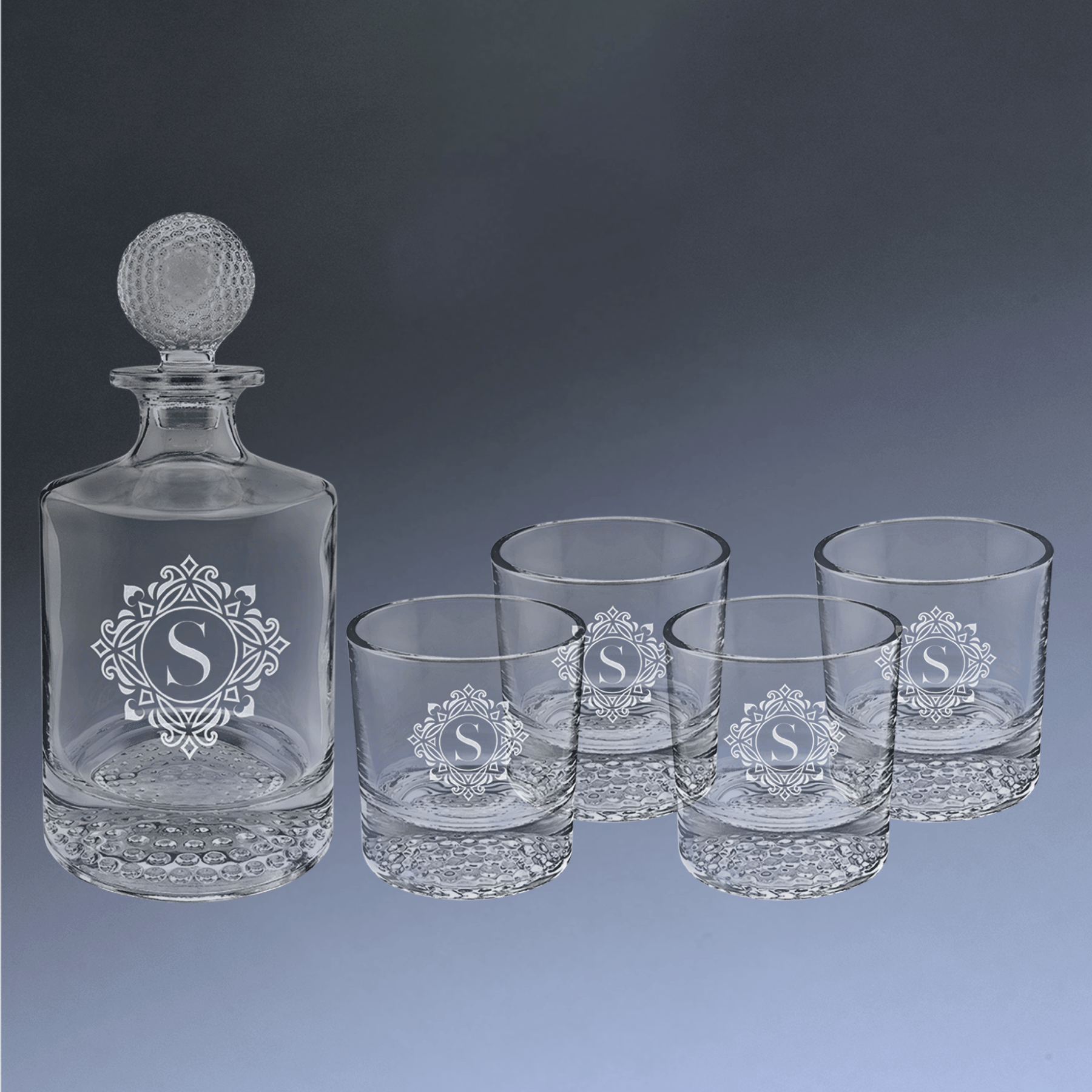 Personalized Glass Decanter Sets With 4 Rocks Glasses & Gift Box 850ml Round Golf Themed Decanter Set (4 9 oz. Glasses)