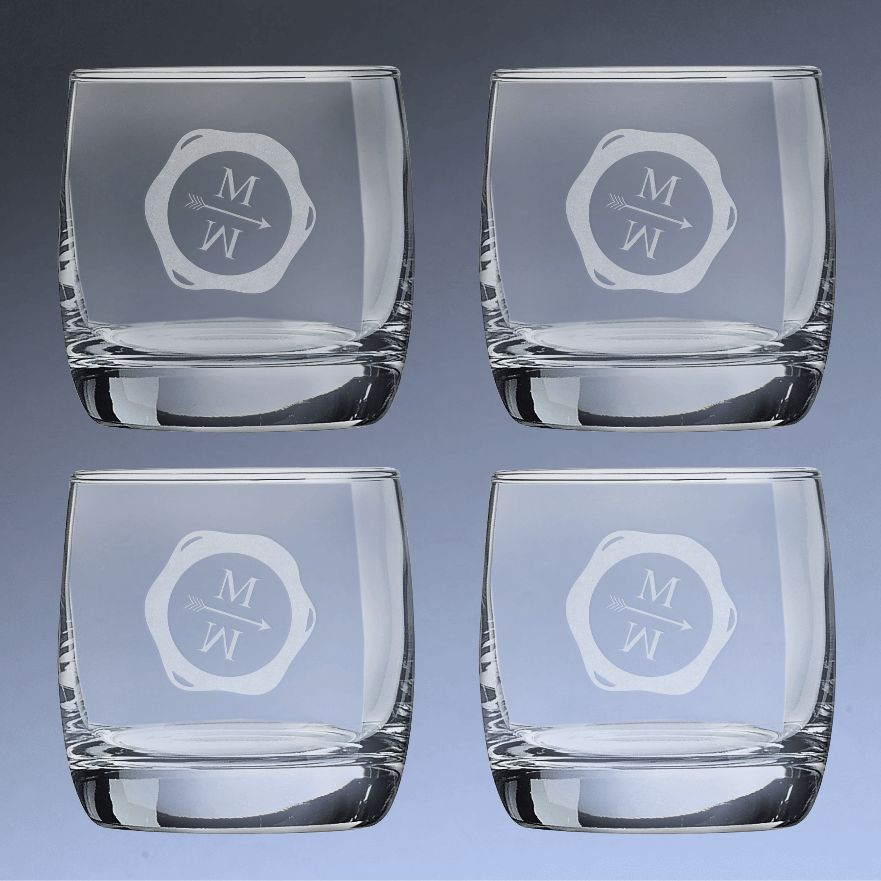 Personalized Whiskey Glass - On-the-Rocks Cocktail or Juice Glassware Rounded / Set of Four / 10 oz.