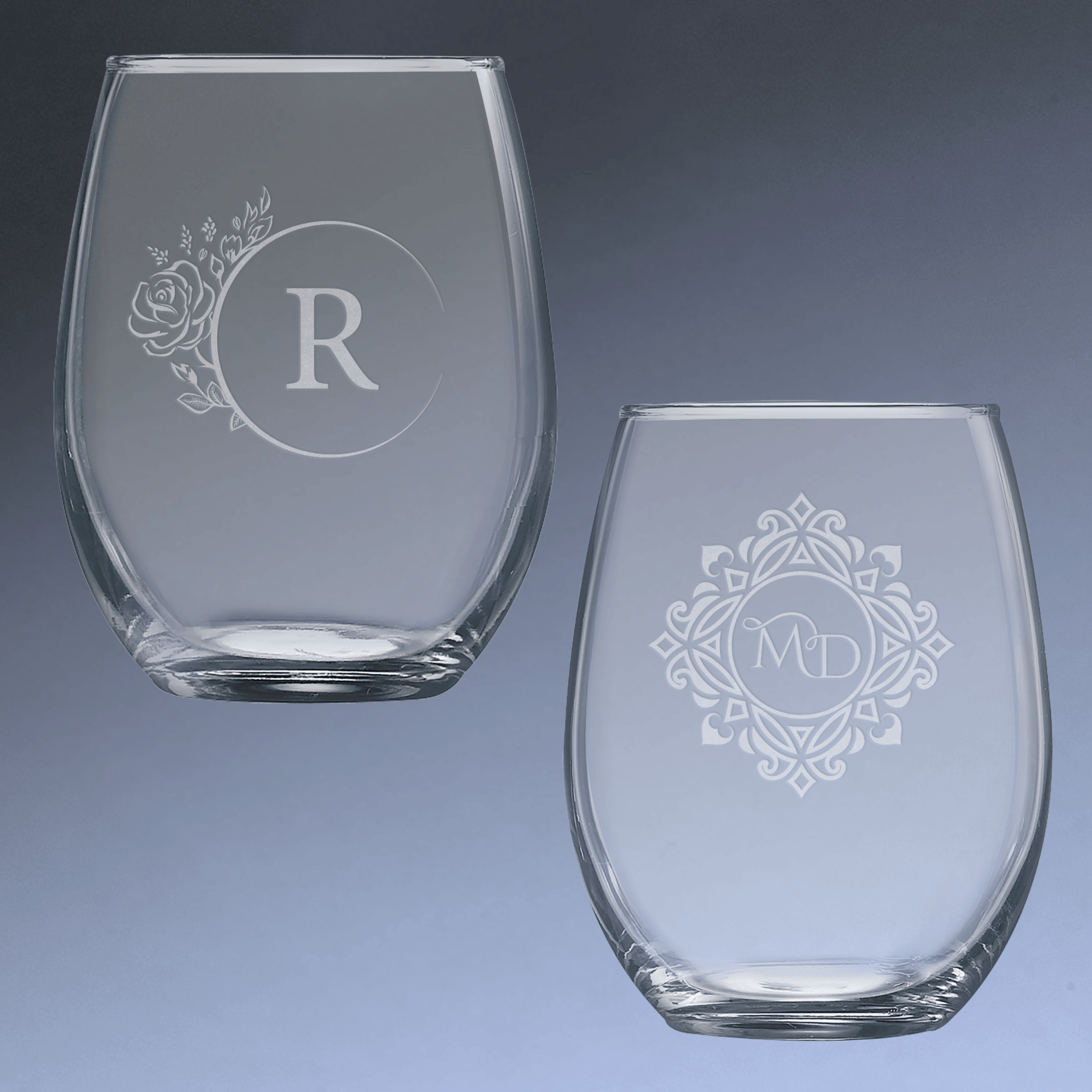 Laser Etched Stemless Wine Glass - Polar Camel Drinkware Set of Two / 15 oz.