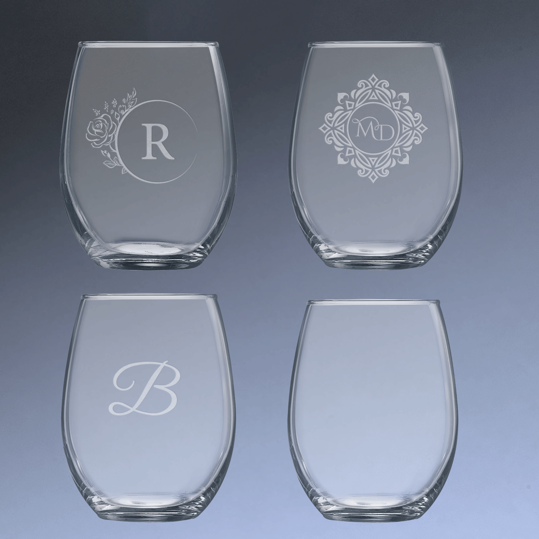 Laser Etched Stemless Wine Glass - Polar Camel Drinkware Set of Four / 9 oz.