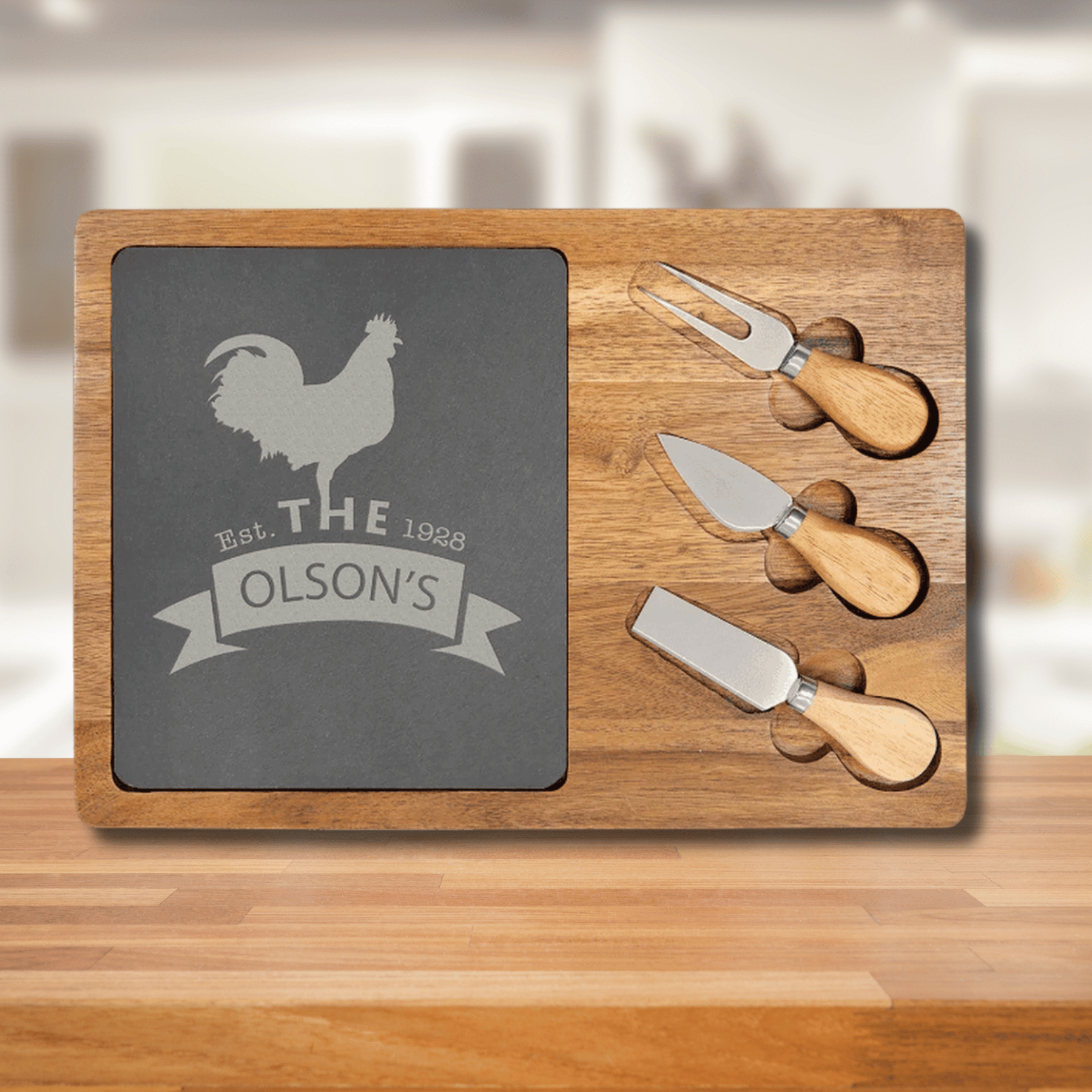 Engraved Acacia Wood and Slate Cheese Board Set with Serving Tools Oval (with 2 Cheese Tools) / 12 1/2" x 7 3/4"