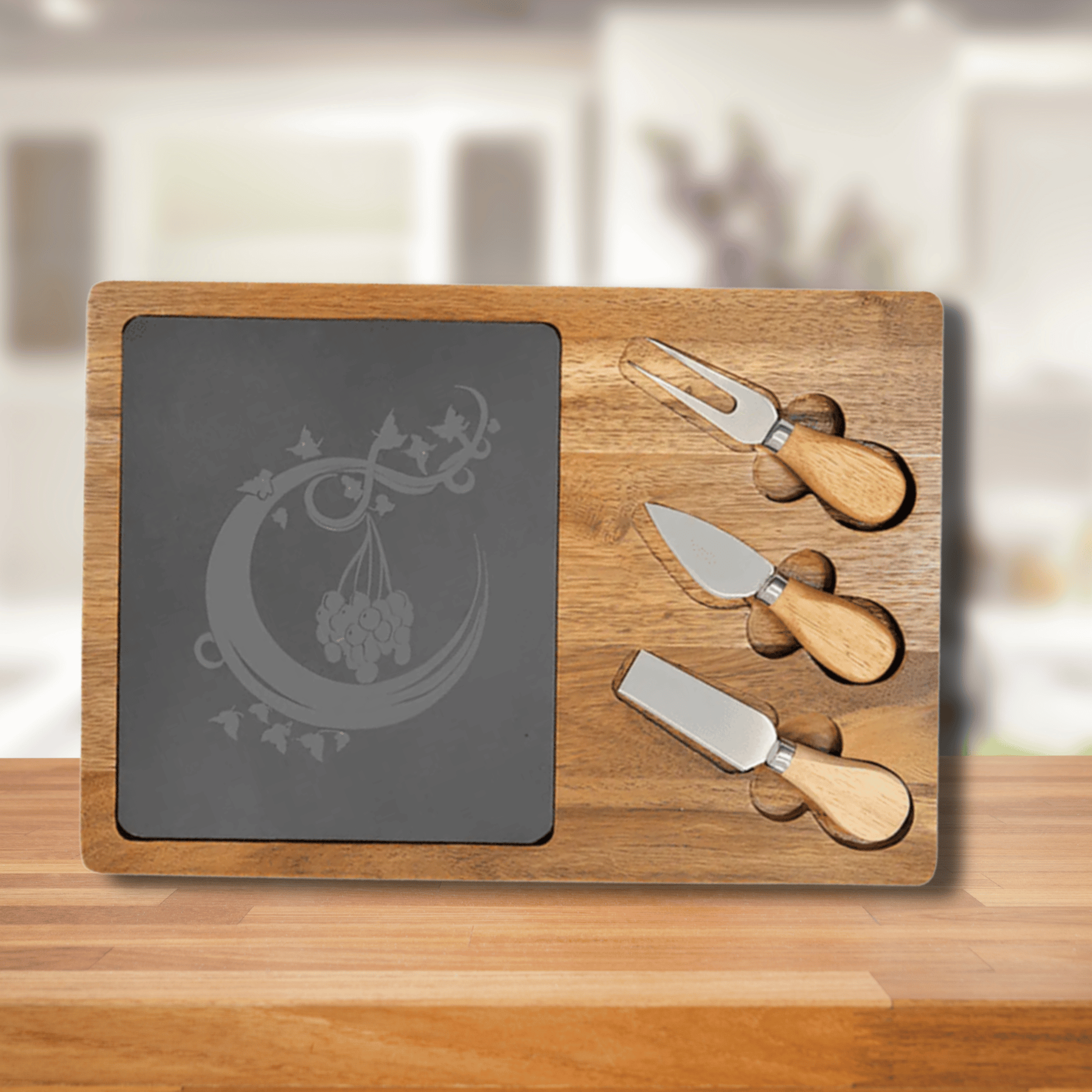 Engraved Acacia Wood and Slate Cheese Board Set with Serving Tools Oval (with 2 Cheese Tools) / 12 1/2" x 7 3/4"