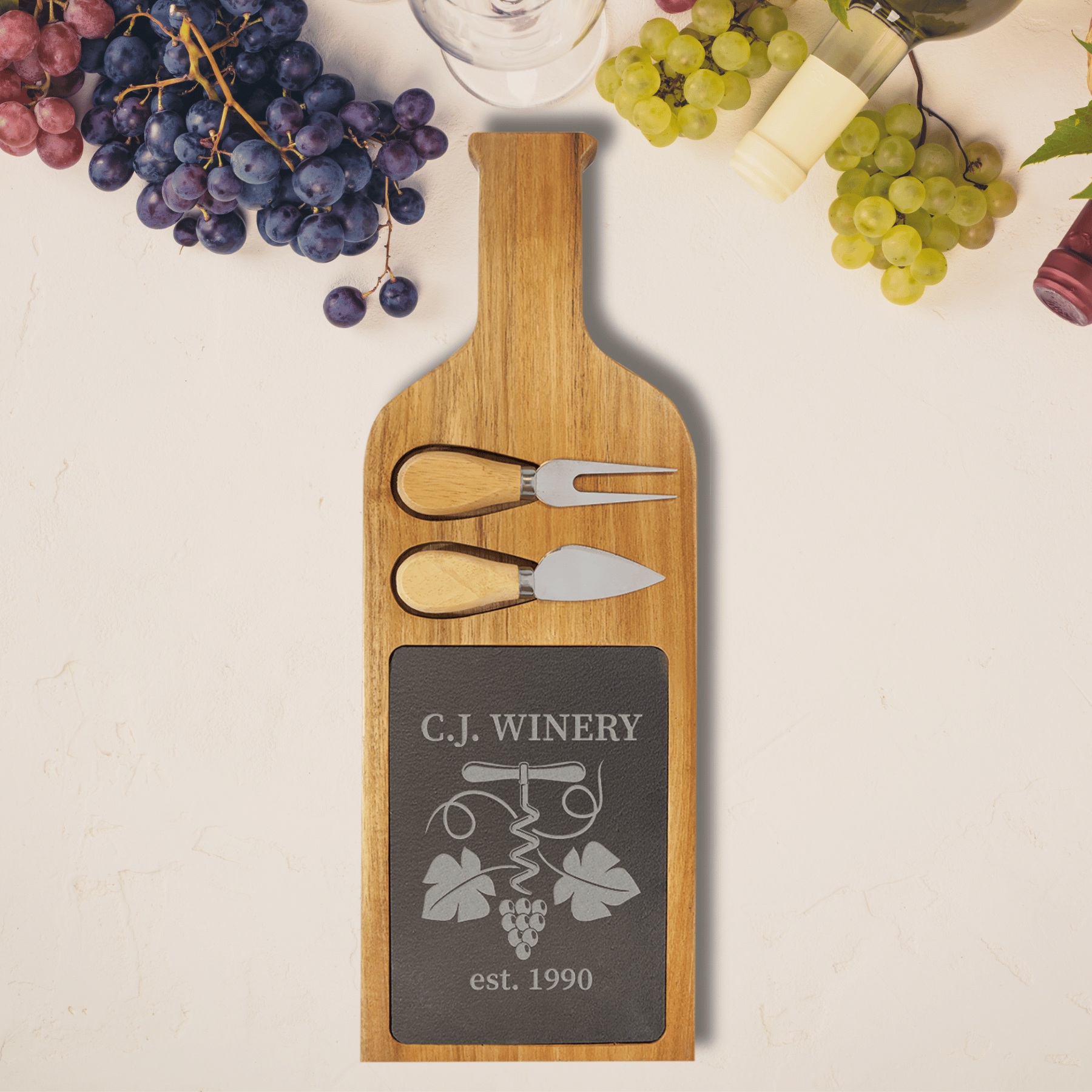 Personalized Wine Bottle Cheese Board - Slate & Acacia Wood with Tools 17 1/2" x 6"