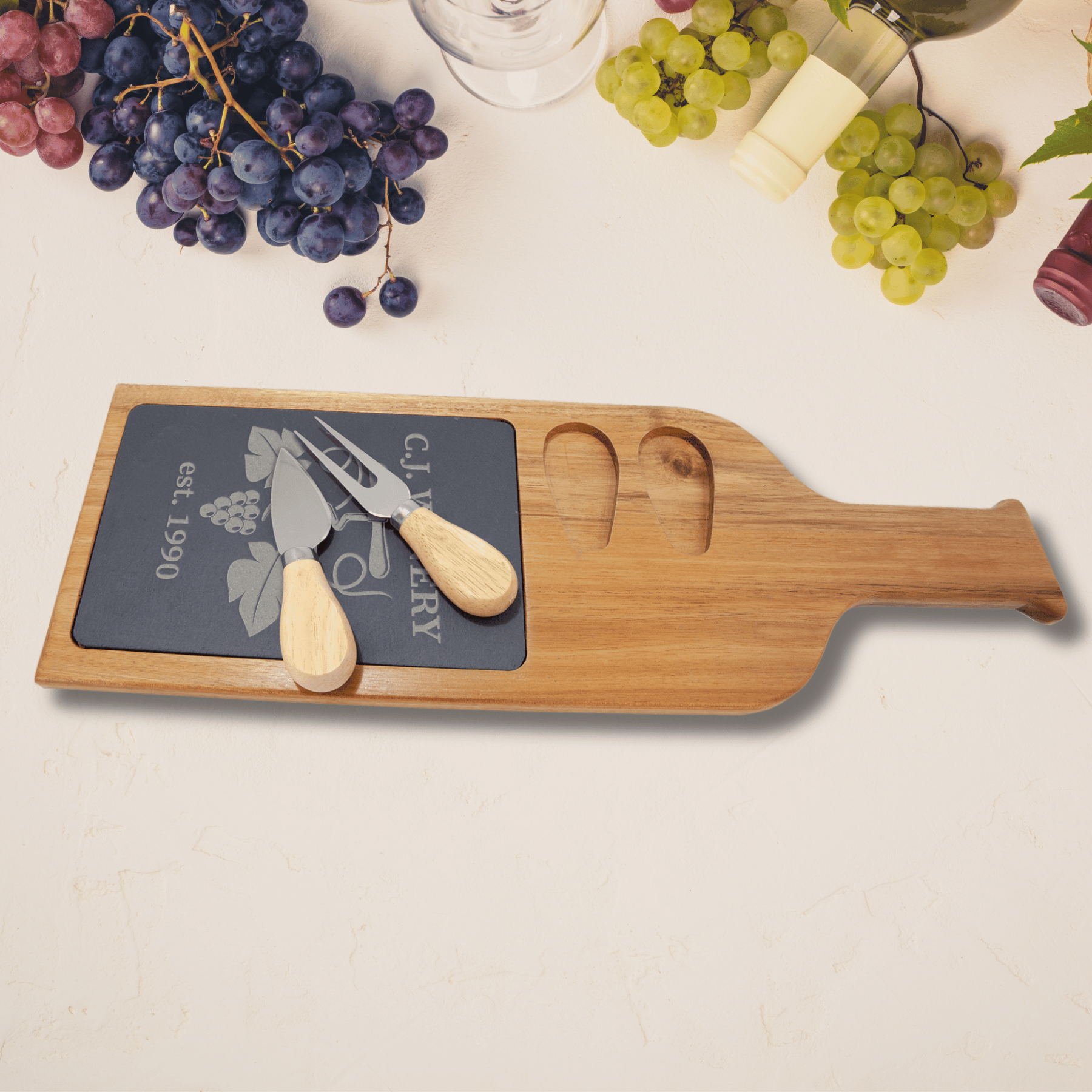 Personalized Wine Bottle Cheese Board - Slate & Acacia Wood with Tools 17 1/2" x 6"