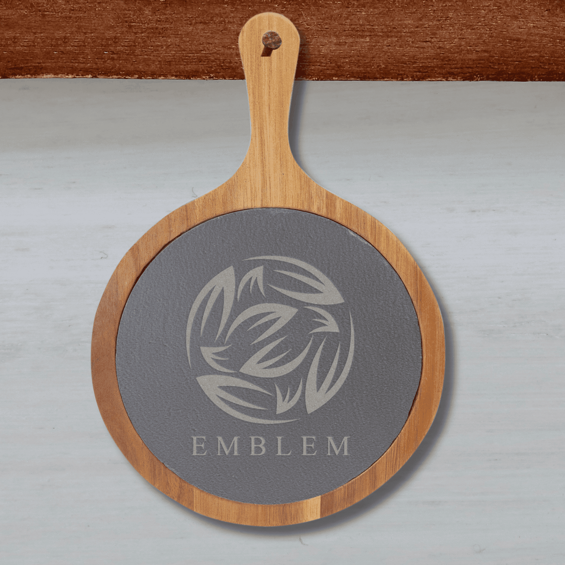 Custom Engraved Round Acacia Wood and Slate Cutting Board with Handle 8 1/4" x 12 1/4"
