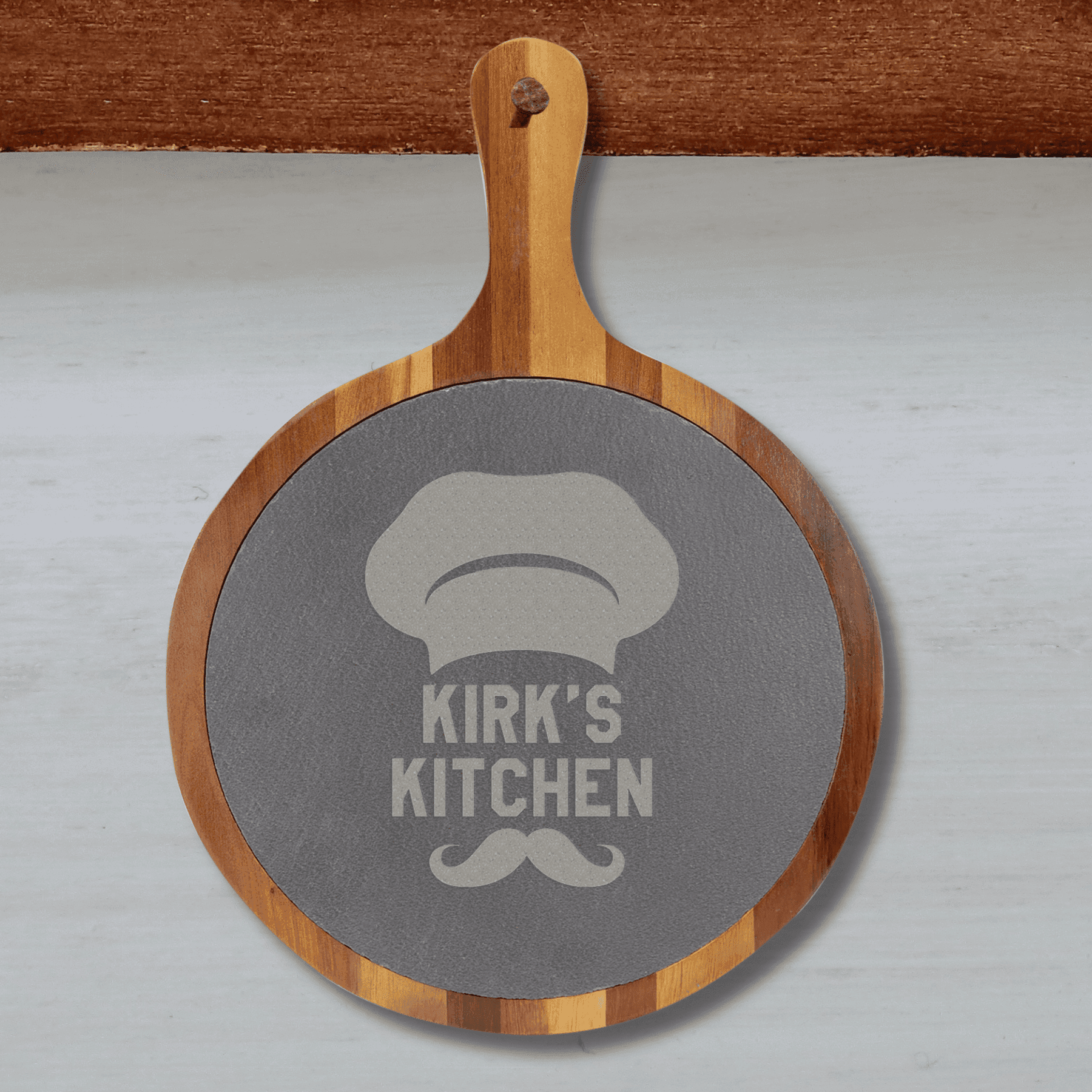 Custom Engraved Round Acacia Wood and Slate Cutting Board with Handle 8 1/4" x 12 1/4"