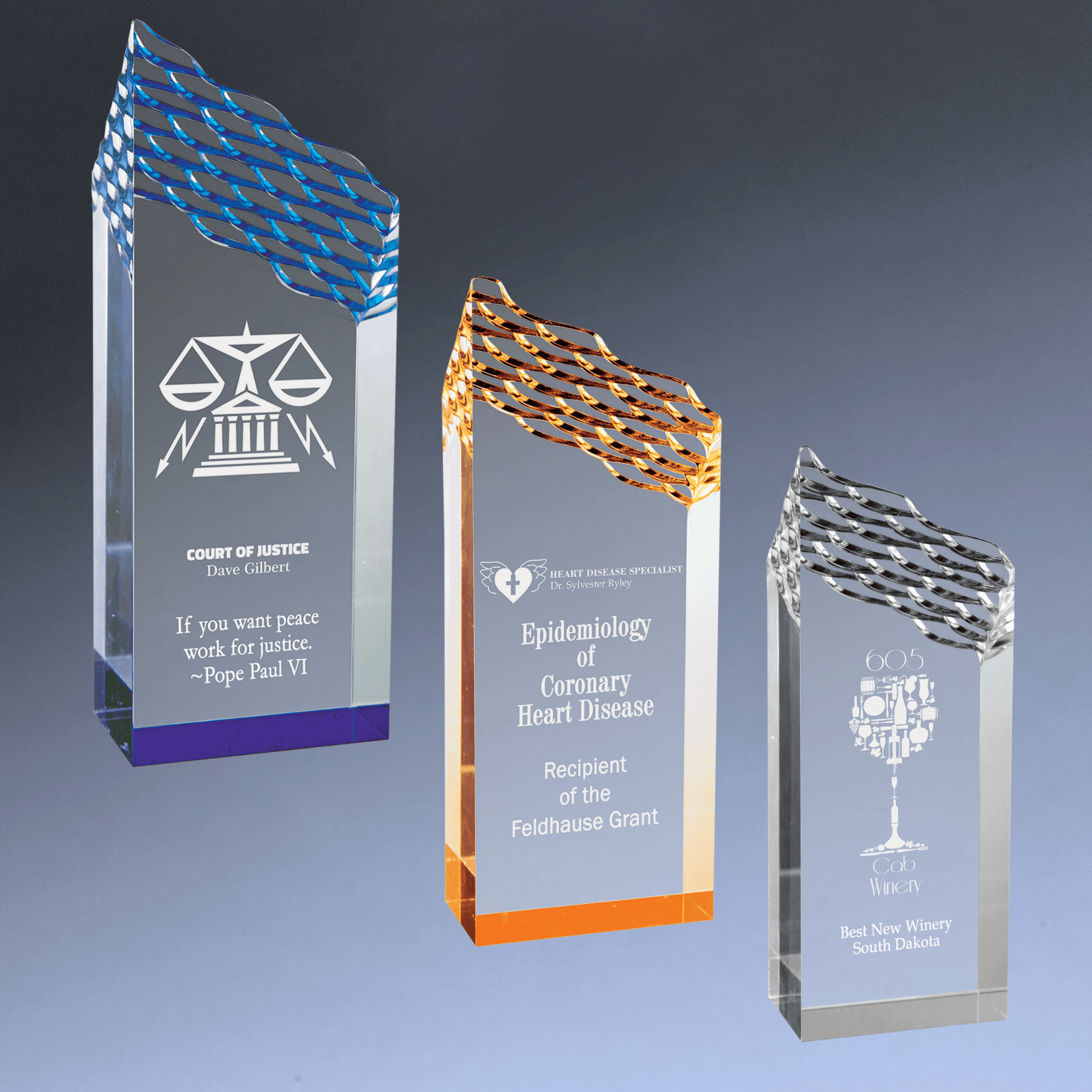 Riptide Acrylic Award with Carved Wave Top and Color Accents Blue / 3 x 8"