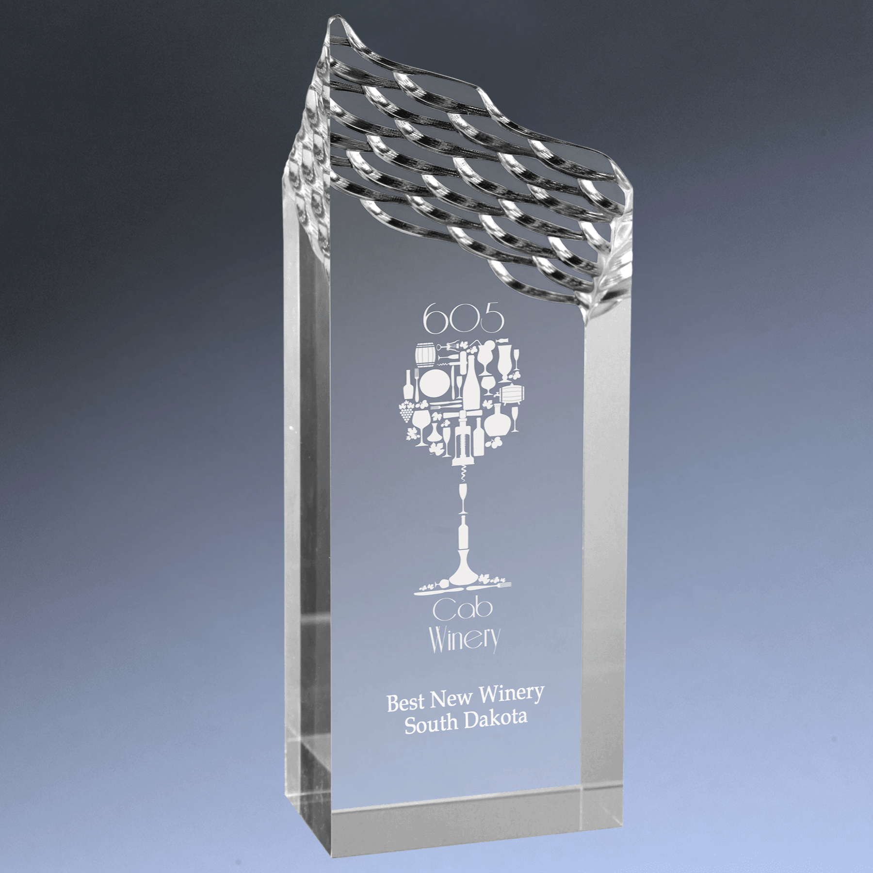 Riptide Acrylic Award with Carved Wave Top and Color Accents Silver / 3 x 8"