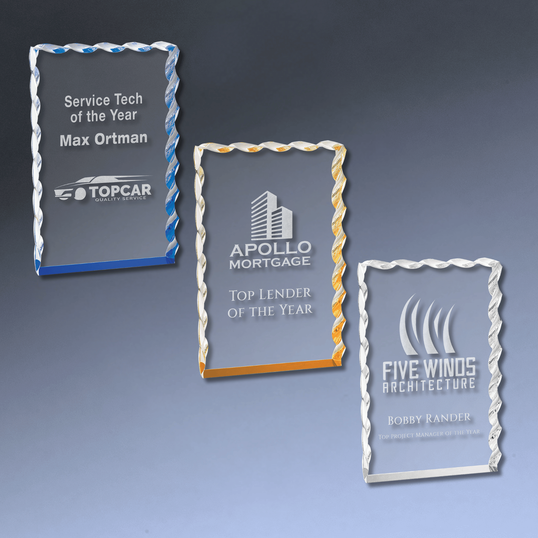 Wave Edge Acrylic Awards - Custom Engraved with Color Accents Blue / 4" x 6"