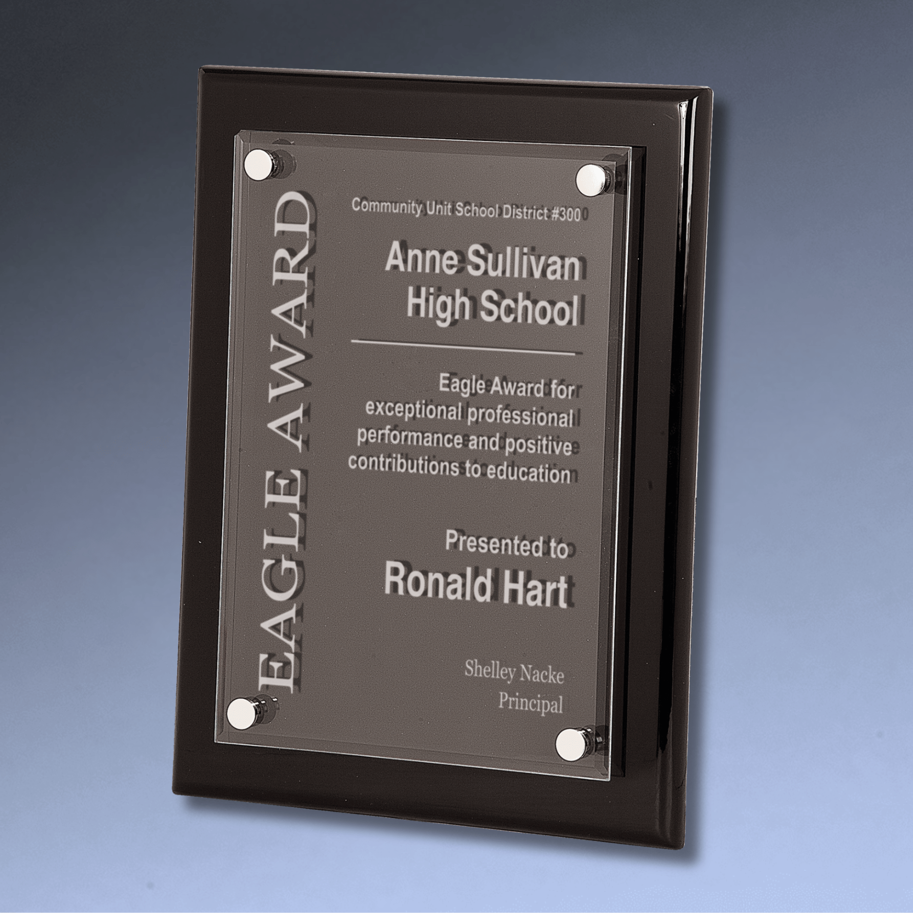 Floating Acrylic Award Plaque with High-Gloss Piano Finish Backing Black Piano Finish / 8" x 10"
