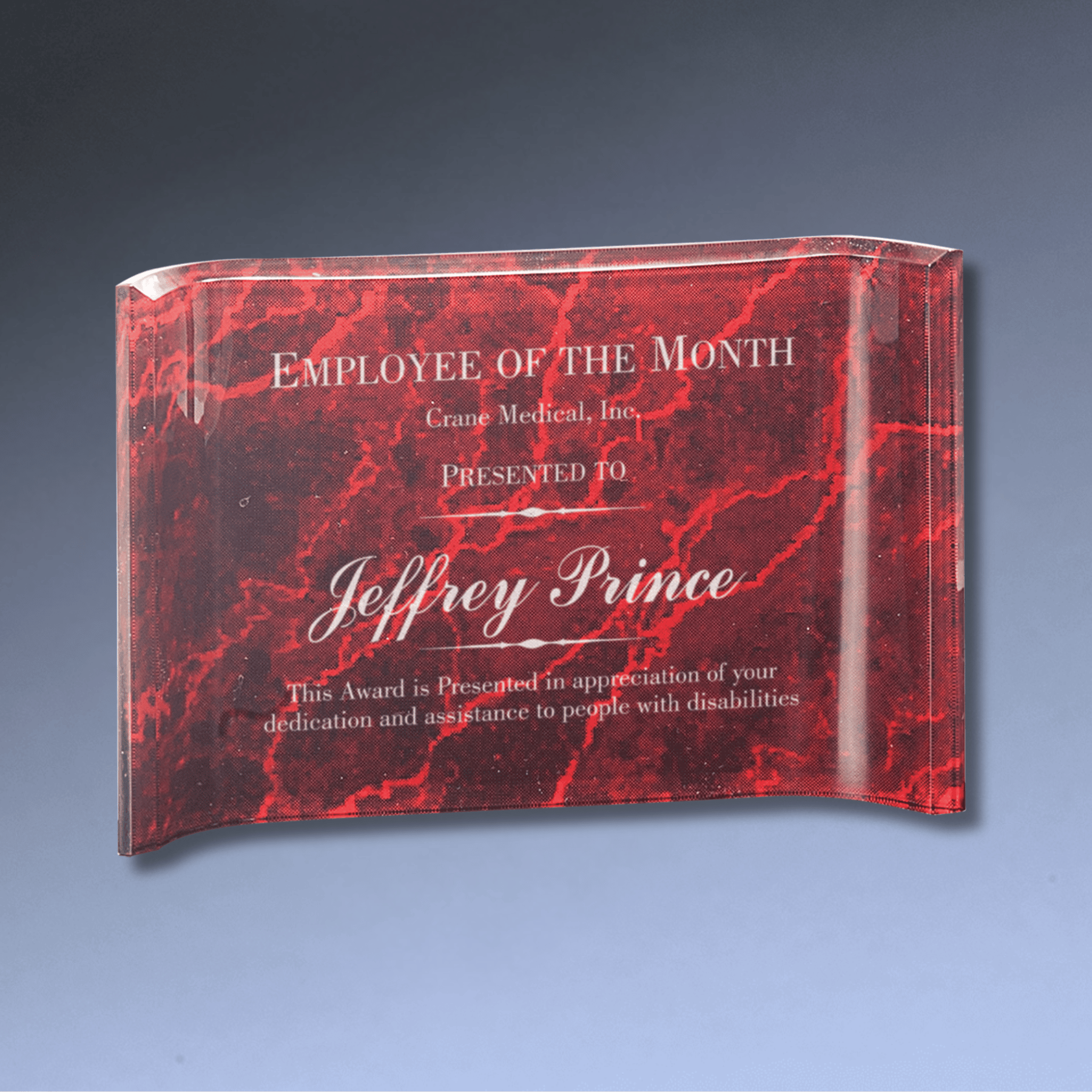 Custom Engraved Marbleized Acrylic Crescent Awards – 1" Thick Acrylic Blue / 6" x 4"
