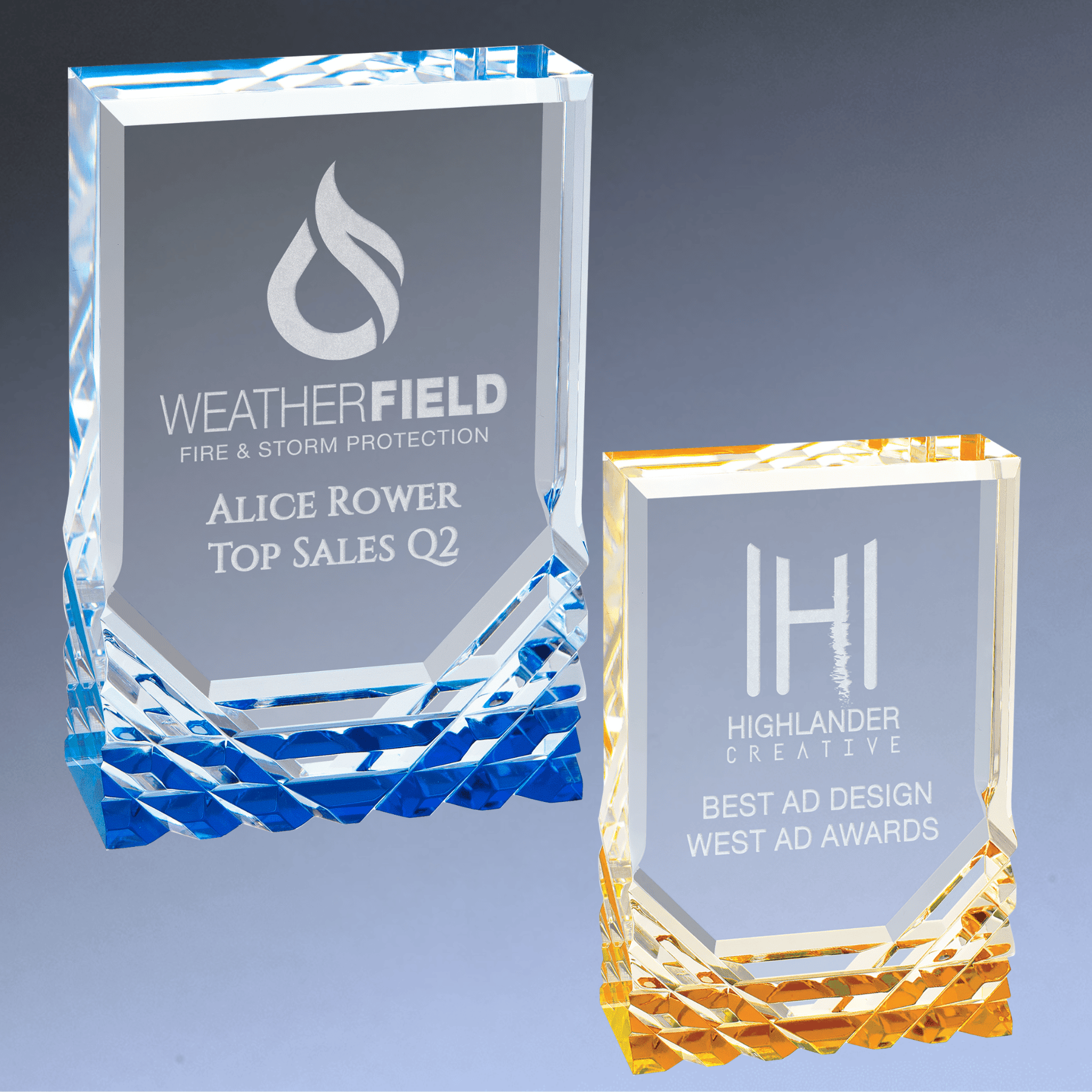 Jewel Mirage Acrylic Award – Custom Engraved with Blue or Gold Accents Blue / 3 1/2" x 5"