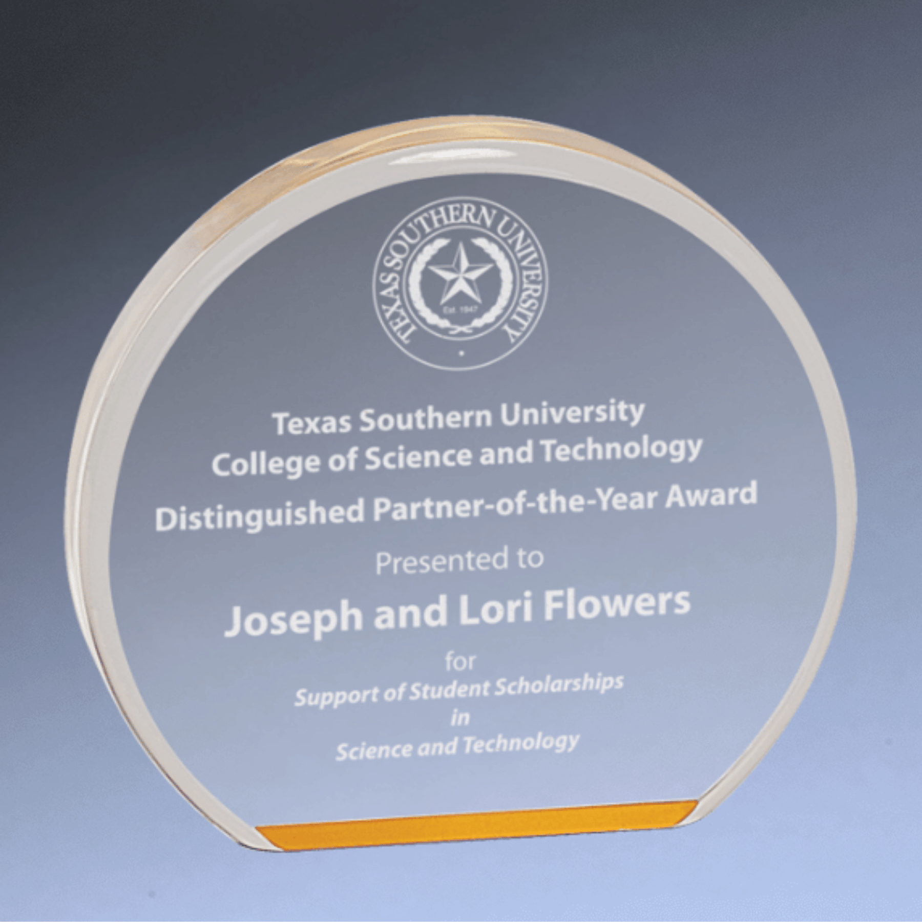 Premier Clear Round Acrylic Awards with Optional Gold or Blue Tint Gold Tint / 3 1/2"