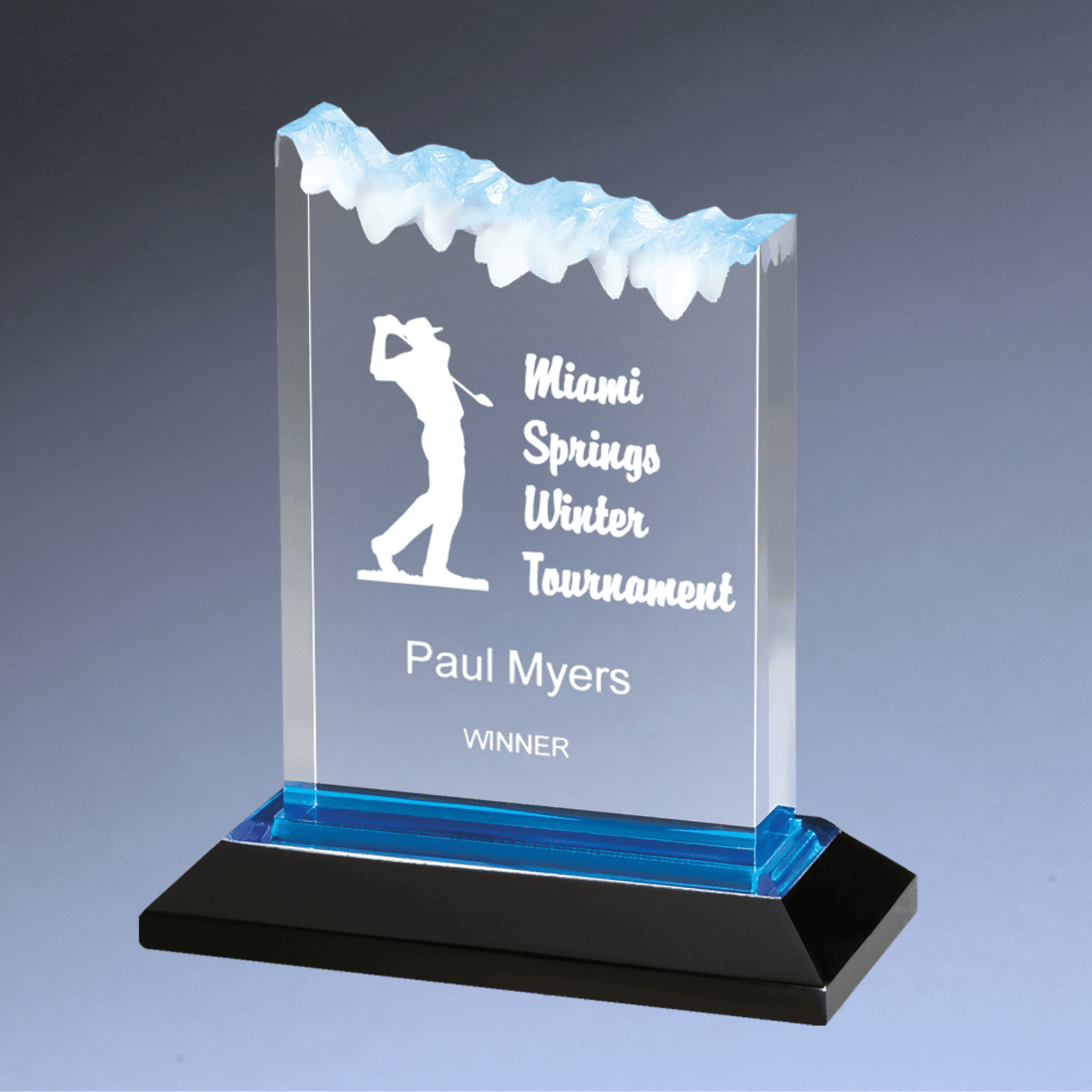 Frosted Impress Acrylic Awards with Color Mirror Bases Blue / 5" x 6"