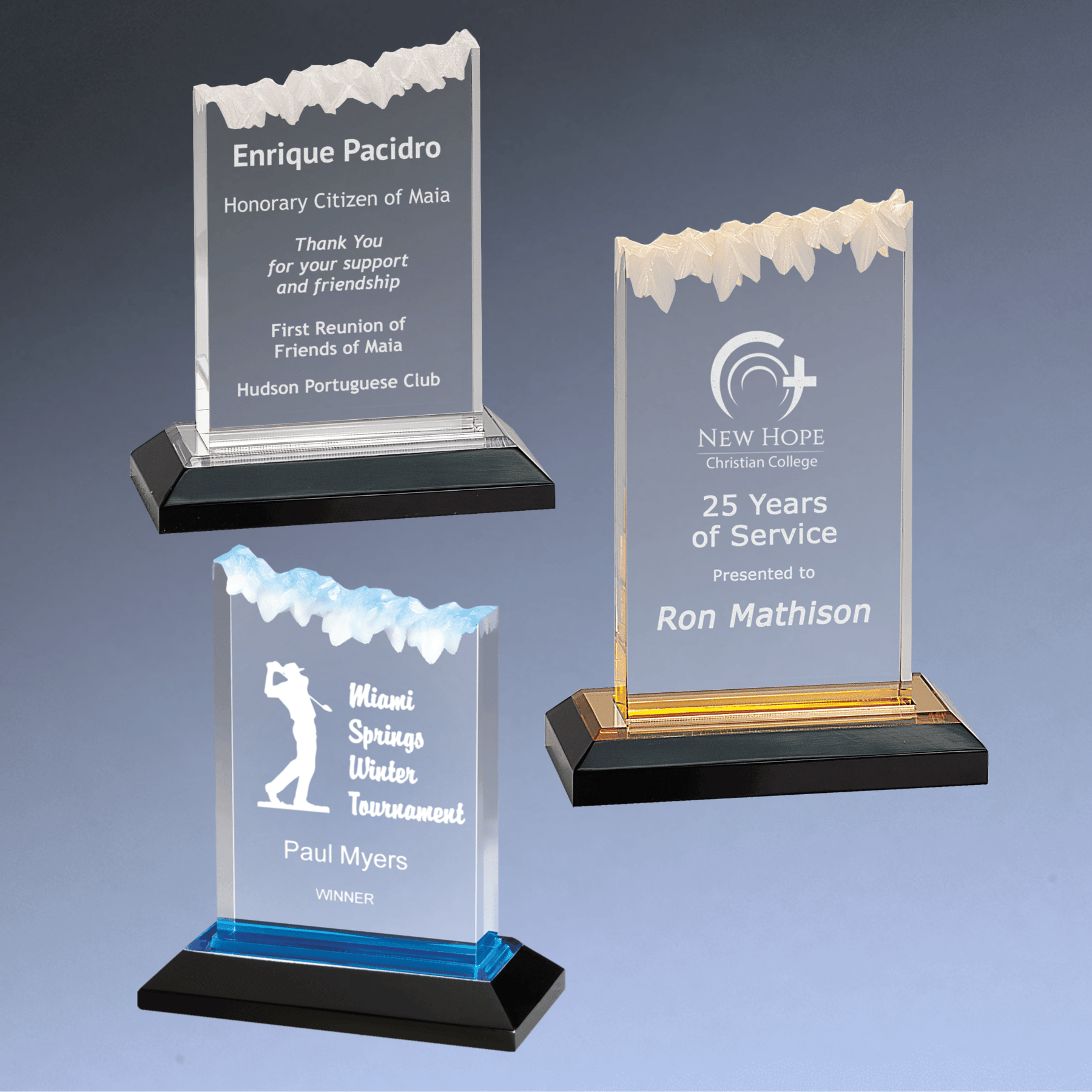 Frosted Impress Acrylic Awards with Color Mirror Bases Blue / 5" x 6"