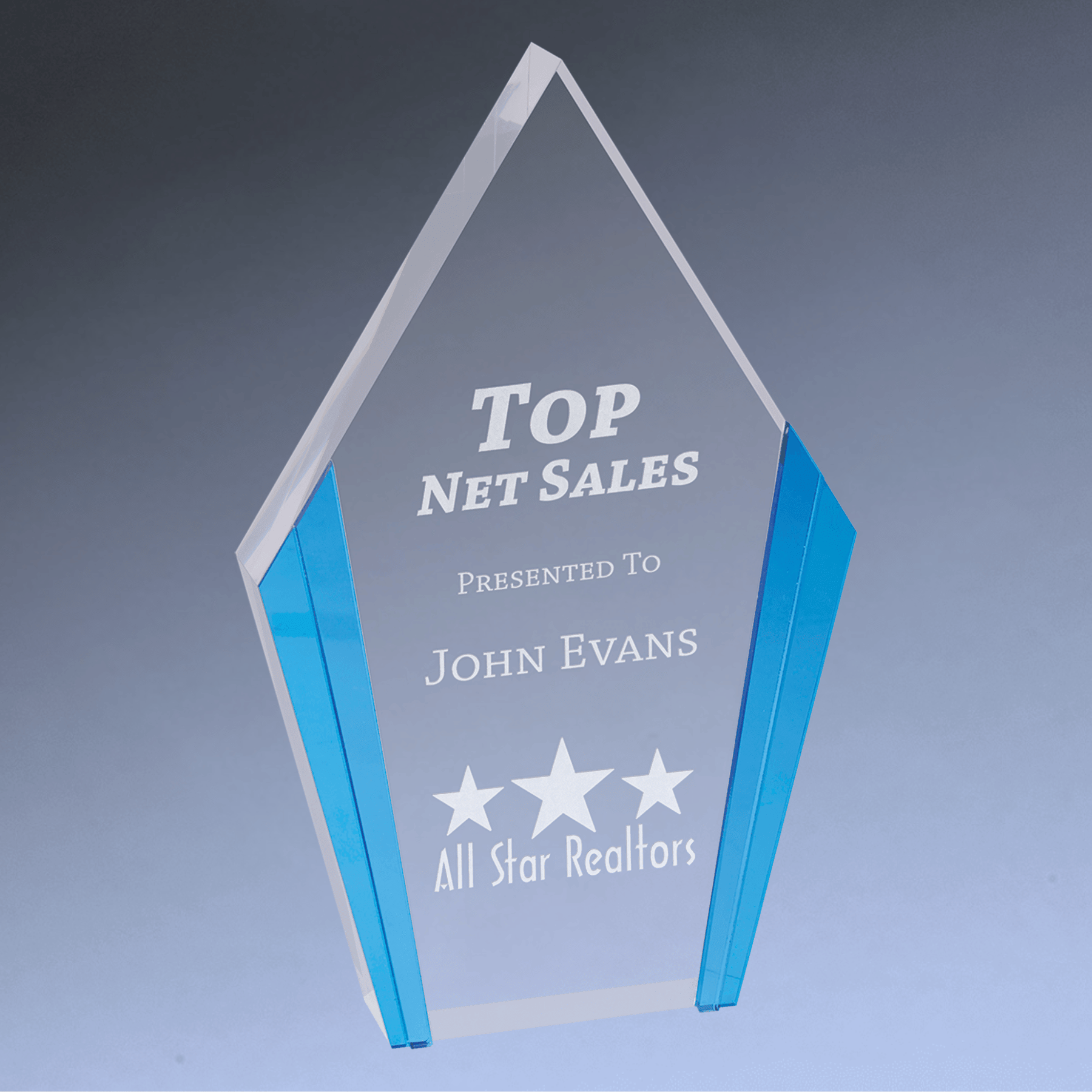 Diamond Edge Acrylic Awards with Blue, Gold or Silver Accents Blue / 4 3/4" x 7 1/2"