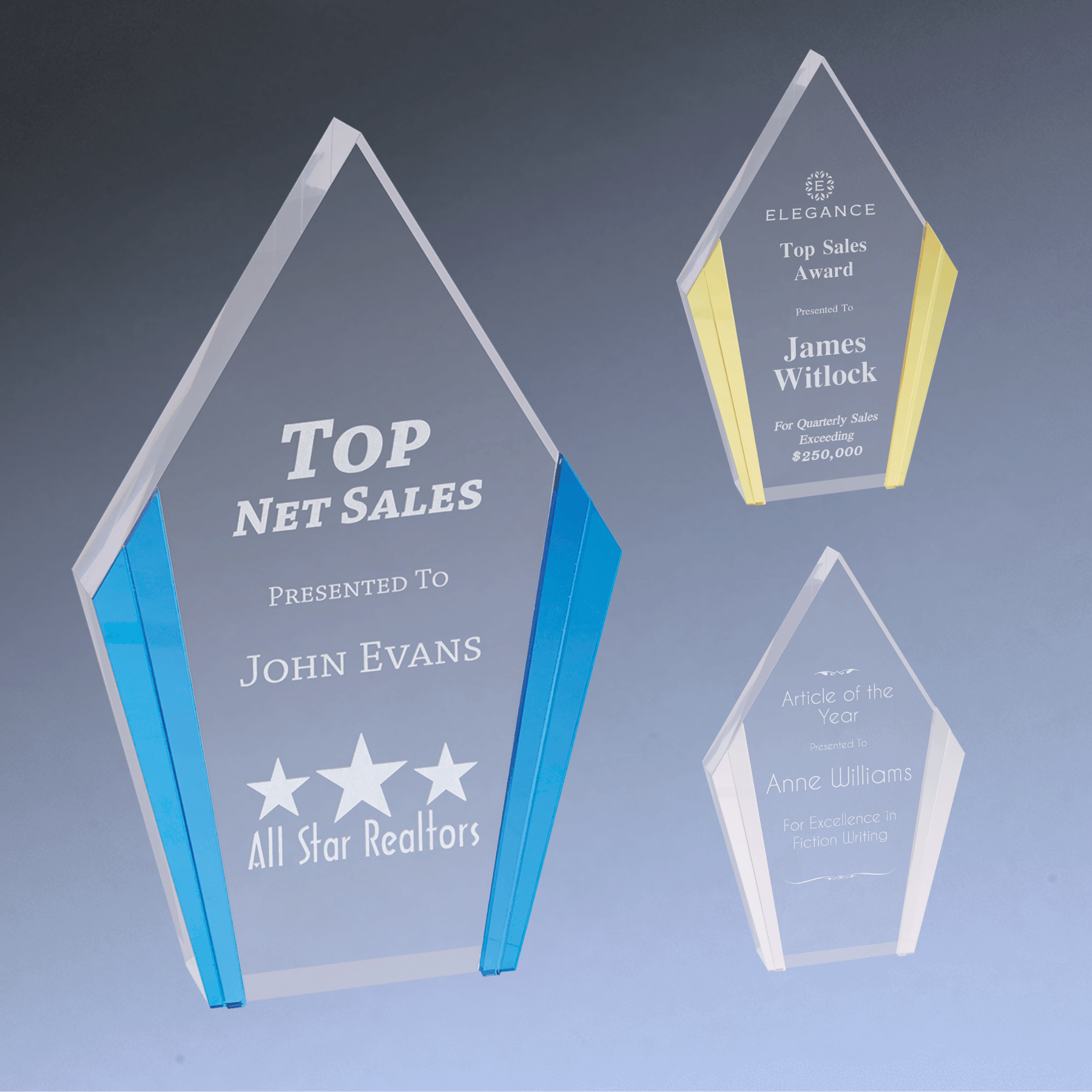 Diamond Edge Acrylic Awards with Blue, Gold or Silver Accents Blue / 4 3/4" x 7 1/2"