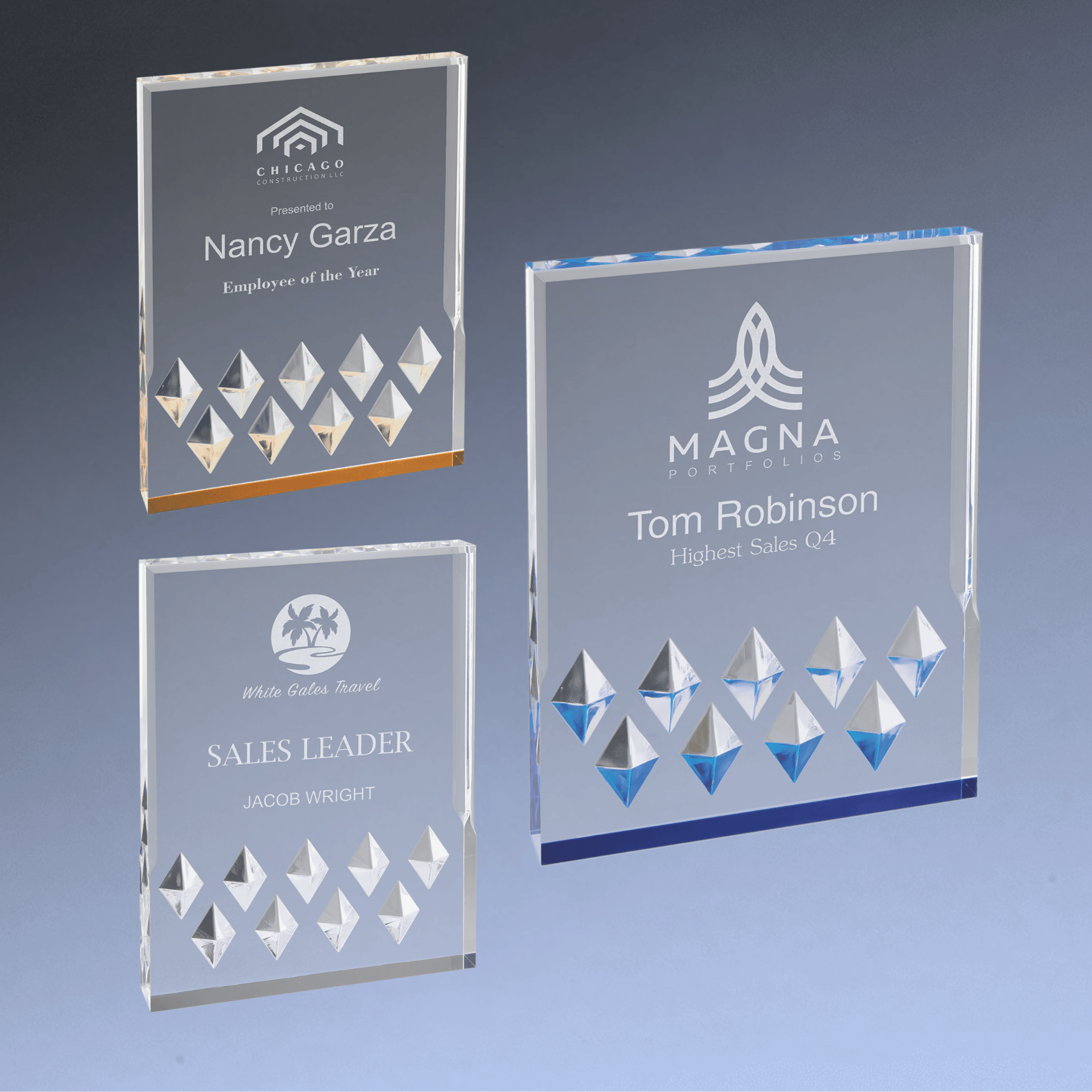 Diamond Mirage Acrylic Awards - Custom Engraved with Color Accents Blue / 4" x 6"