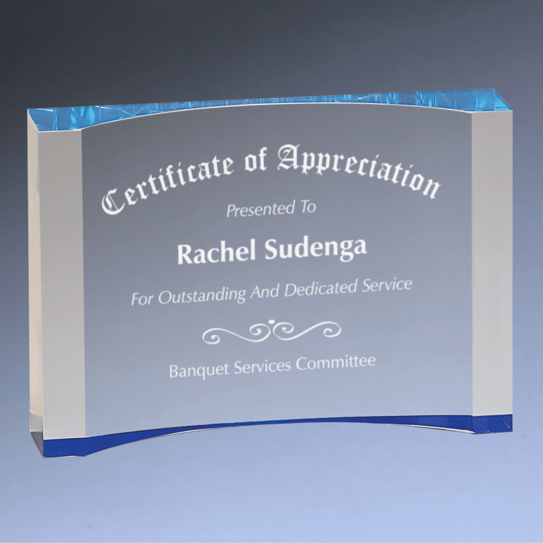 Crescent Acrylic Award with Color Foil Base and Custom Engraving Blue / 5" x 3 1/2"