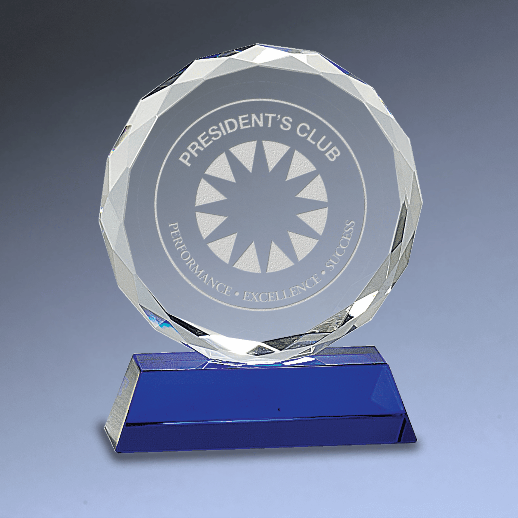 Round Facet Crystal Awards with Black or Blue Crystal Base Blue / Scallop Cut / 5"
