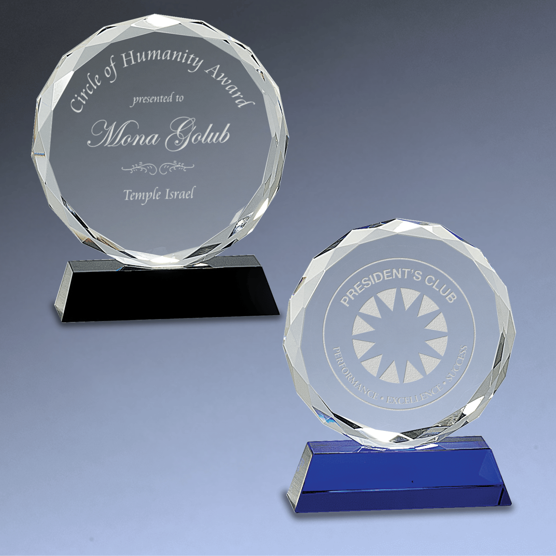 Round Facet Crystal Awards with Black or Blue Crystal Base Blue / Scallop Cut / 5"