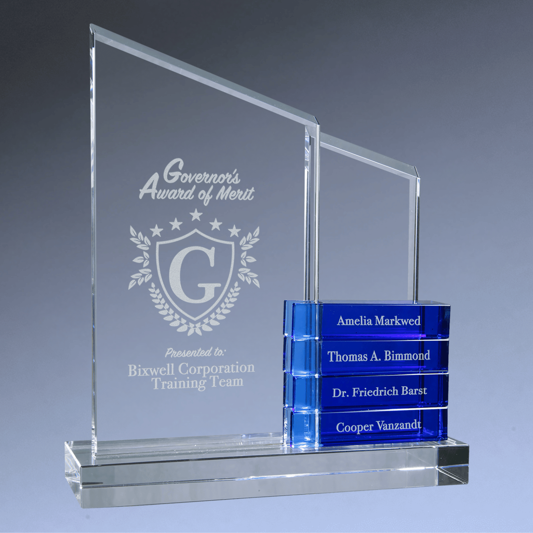 Crystal Perpetual Stand Up Plaque with Crystal Name Blocks