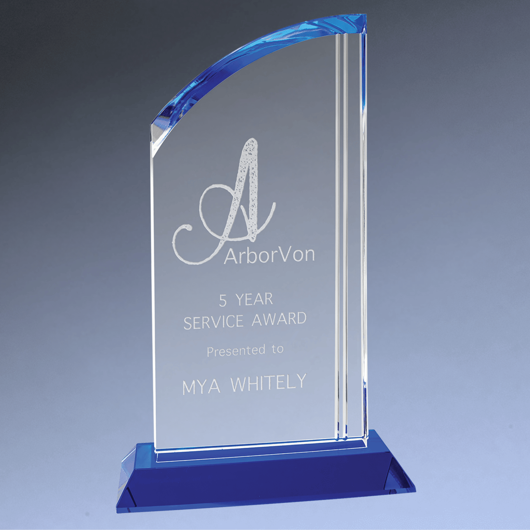 Laser Etched Crystal Awards with Vivid Blue Accents