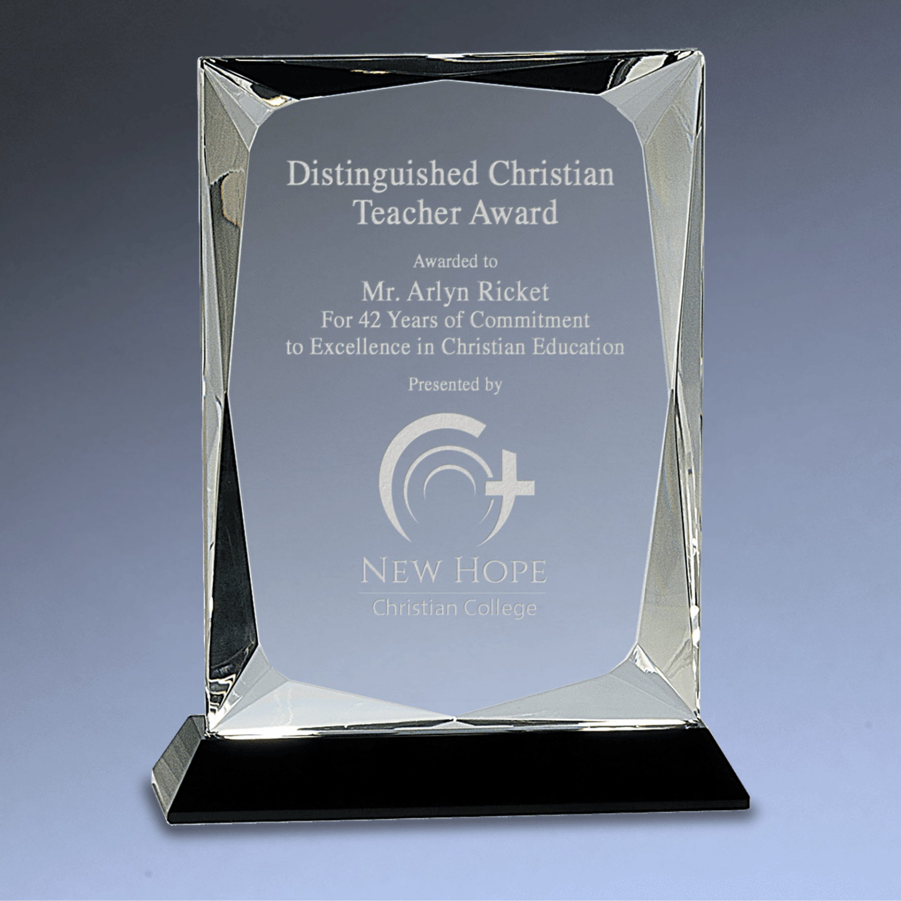 Hand-Carved Crystal Rectangle Award with Clear or Black Crystal Base