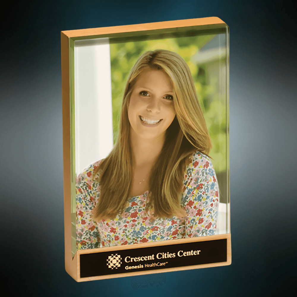 Personalized Maple and Glass Picture Frame Display With Engraved Black Brass Plate / 4 x 6 1/2"