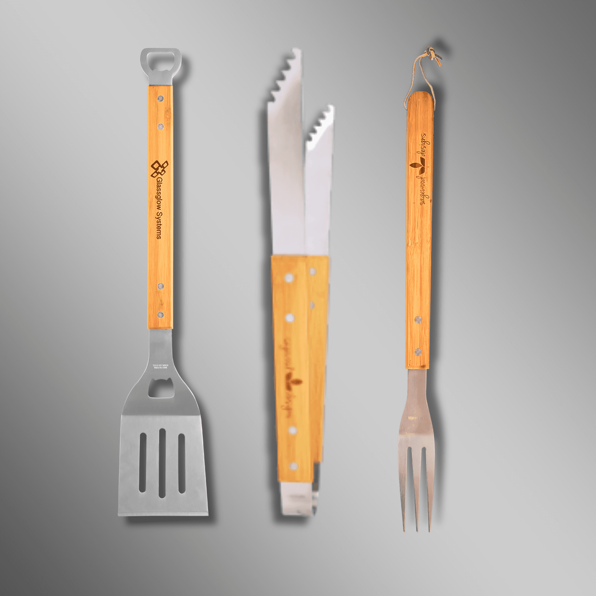Custom Engraved Bamboo Barbeque Utensils Set of 3 (Fork/Tongs/Spatula with Bottle Opener) / 14" - 19 1/4" / Bamboo