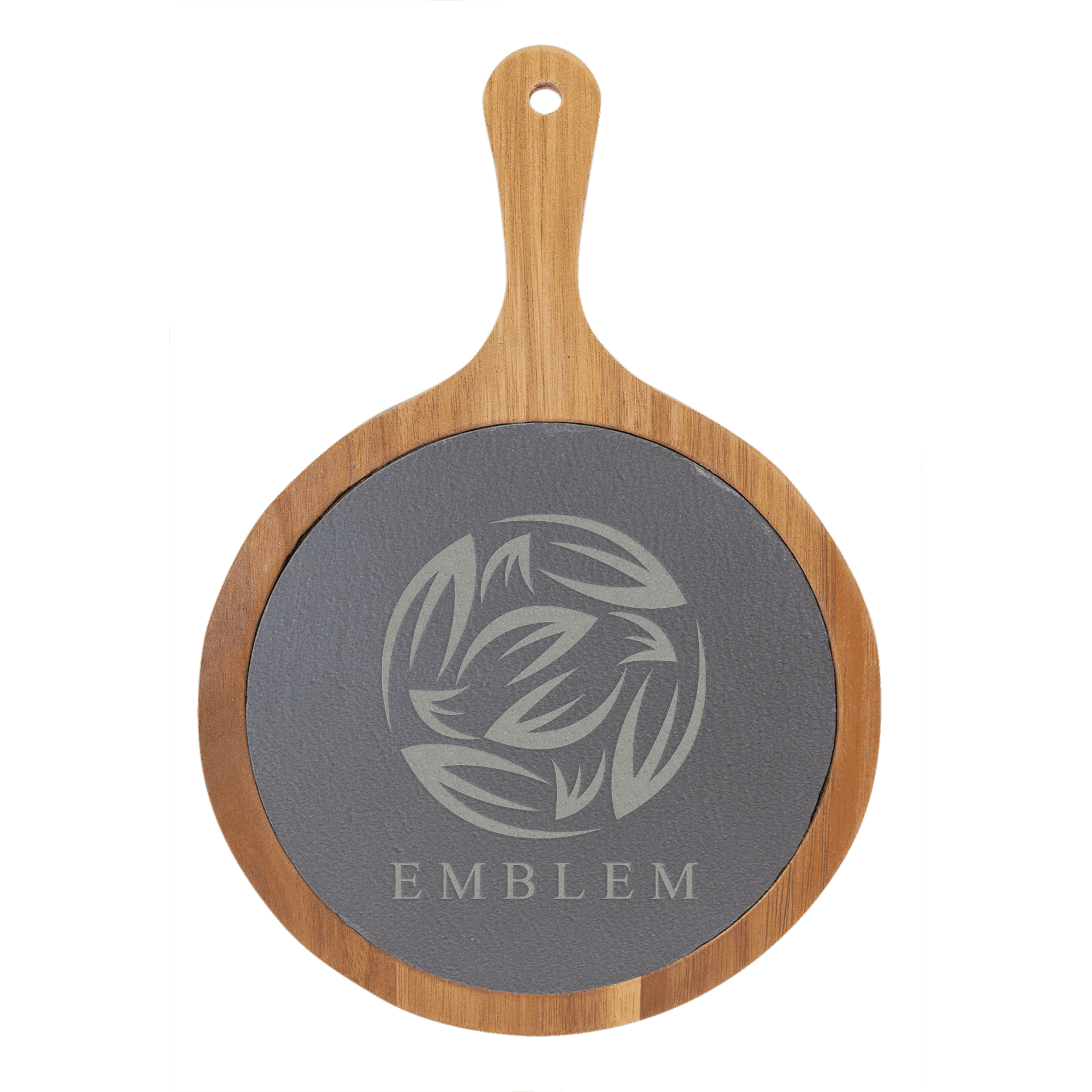 Custom Engraved Round Acacia Wood and Slate Cutting Board with Handle 8 1/4" x 12 1/4"